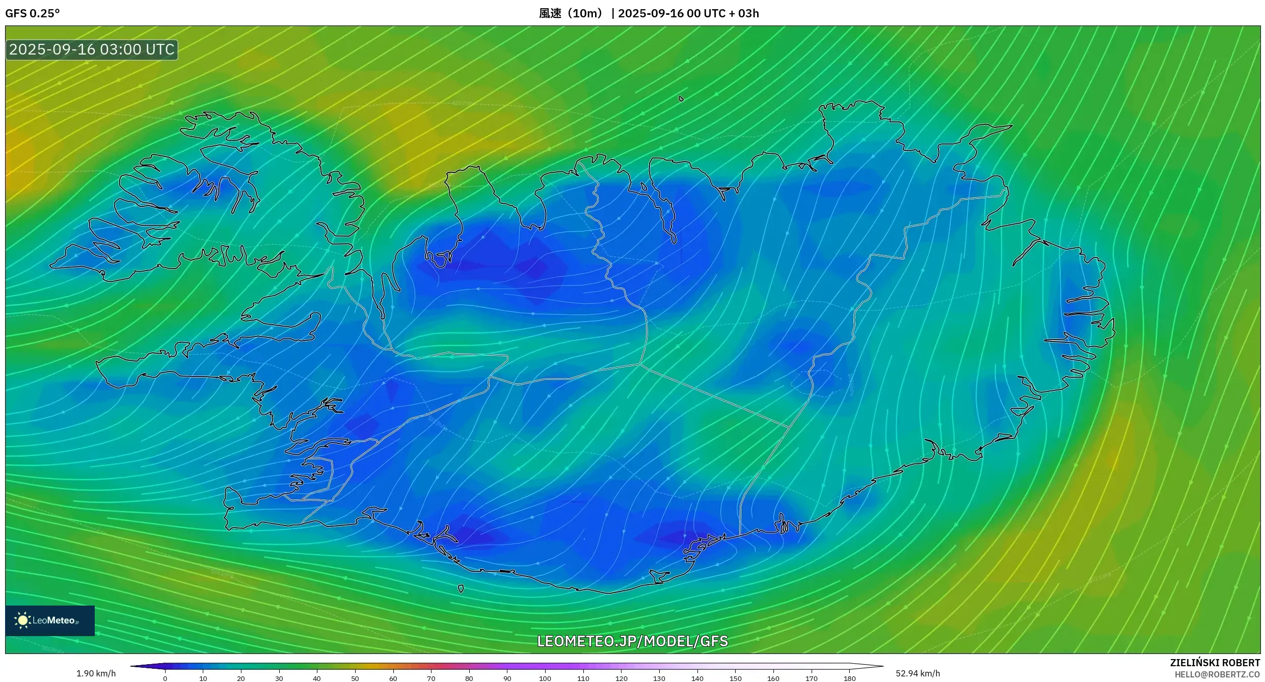 GFS model - アイスランド, 風速（10m）