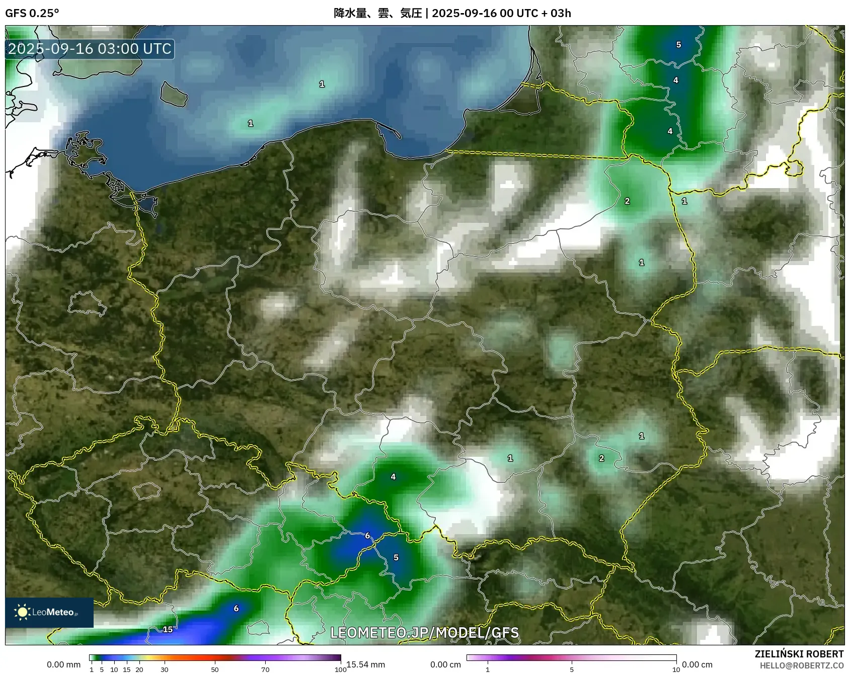 GFS model - ポーランド, 降水量、雲、気圧