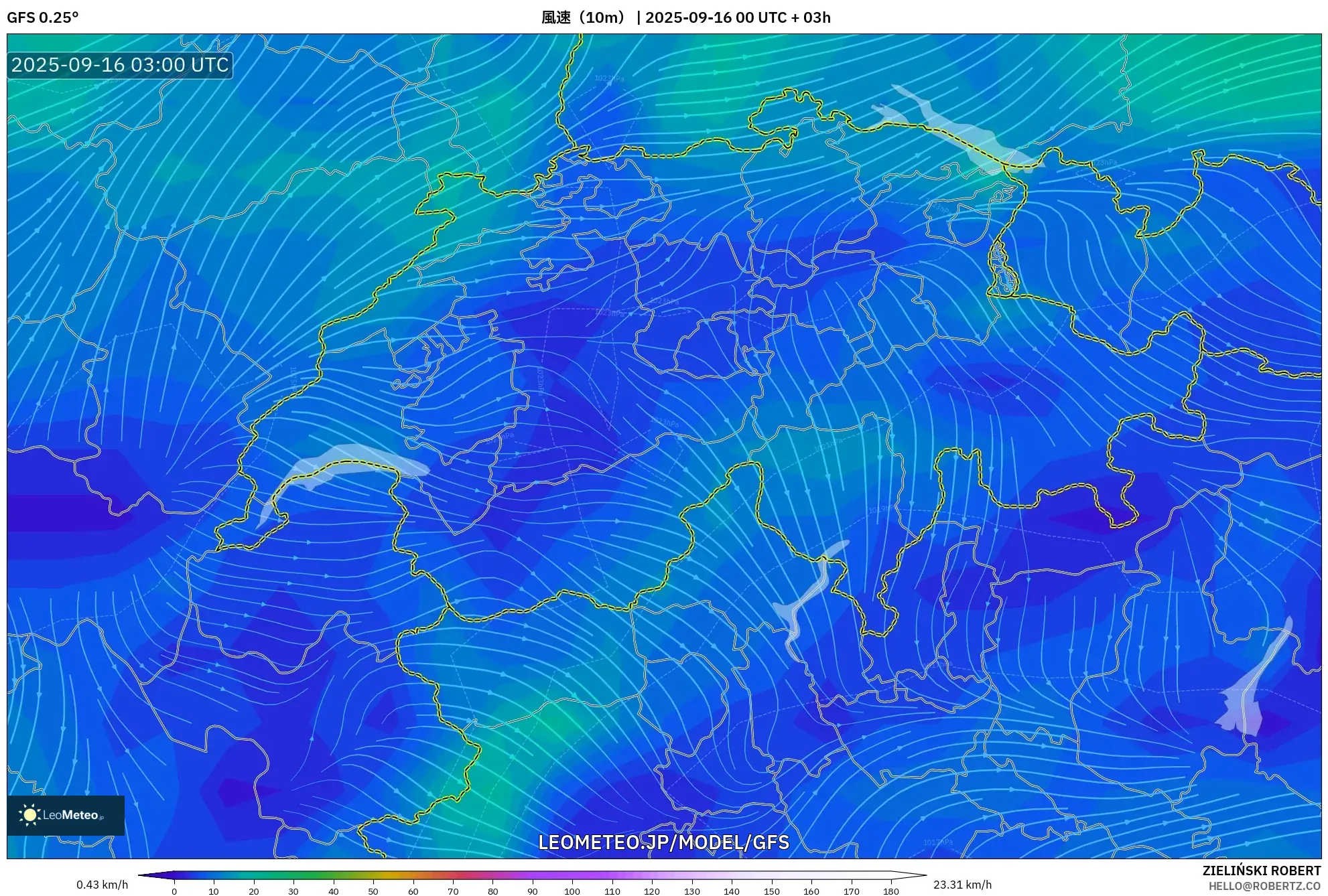 GFS model - スイス, 風速（10m）