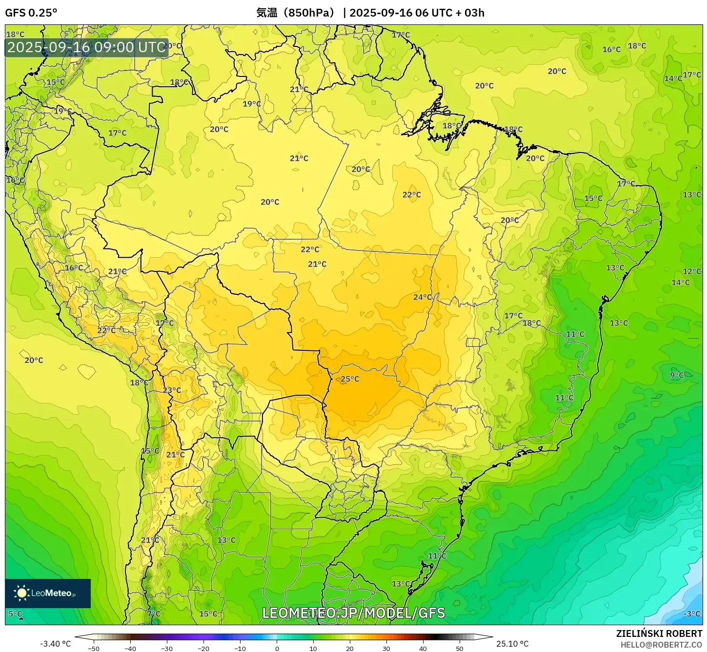 GFS model - ブラジル, 気温（850hPa）