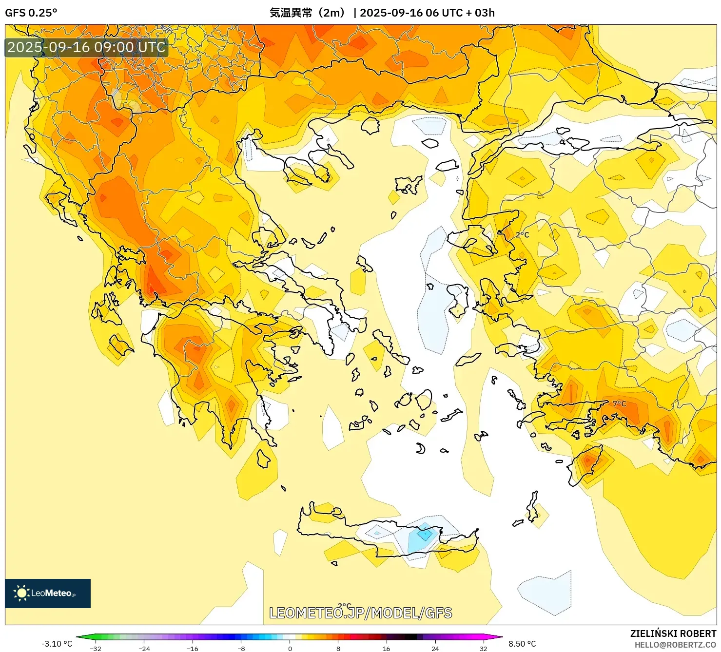 GFS model - ギリシャ, 気温異常（2m）