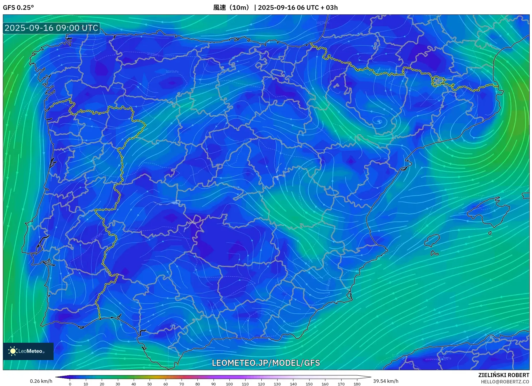 GFS model - スペイン, 風速（10m）