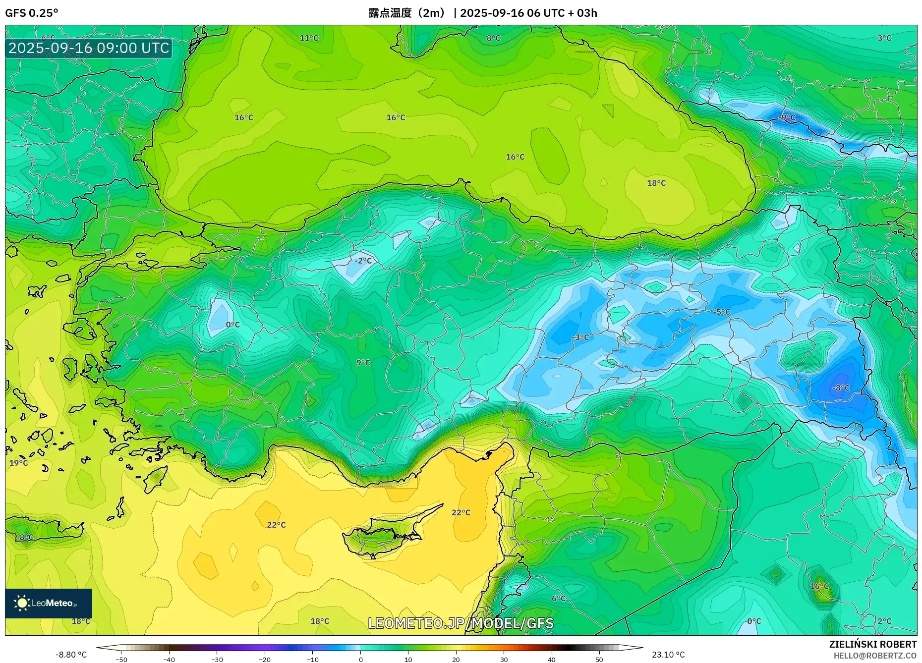 GFS model - トルコ, 露点温度（2m）