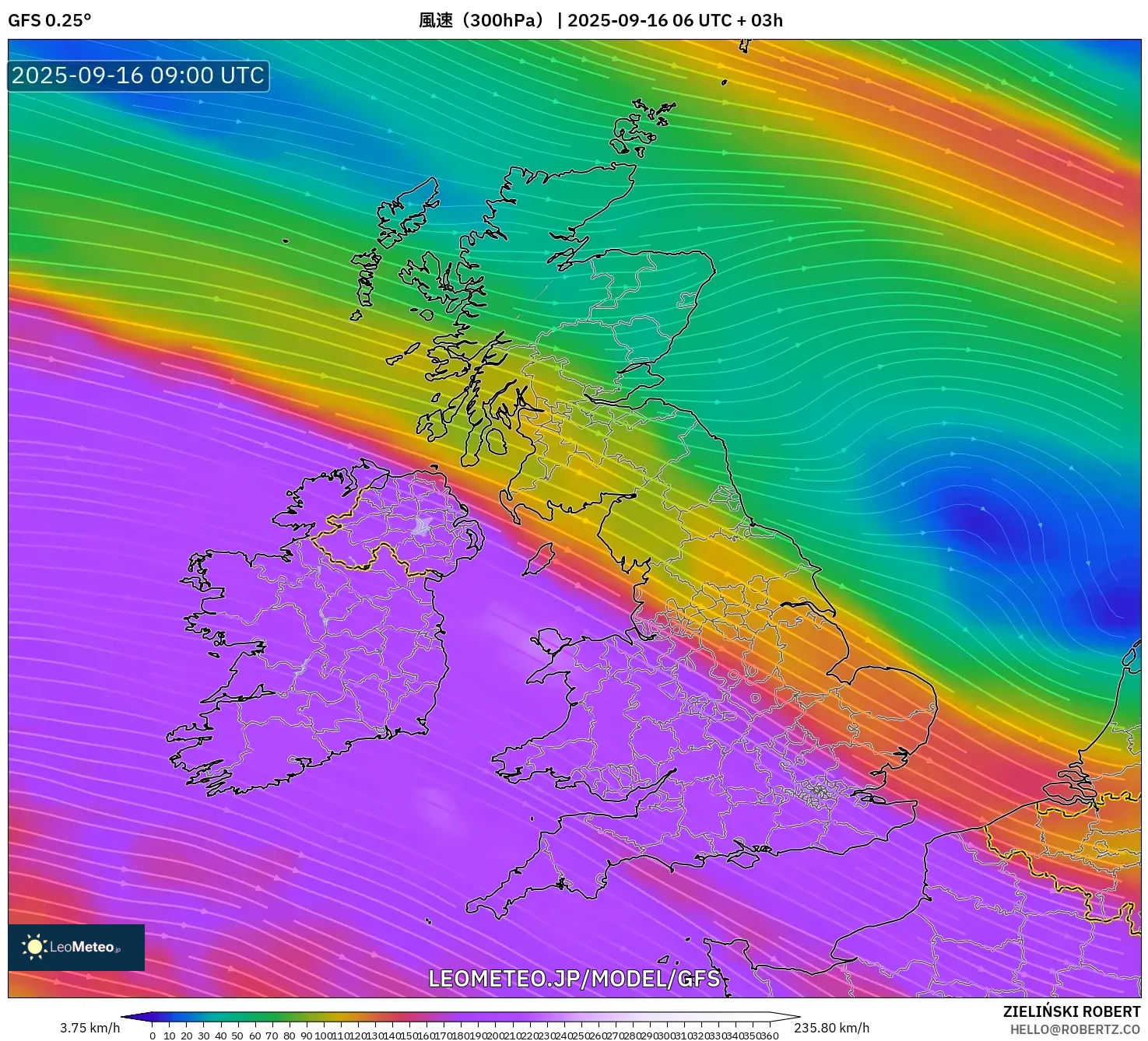 GFS model - イギリス, 風速（300hPa）