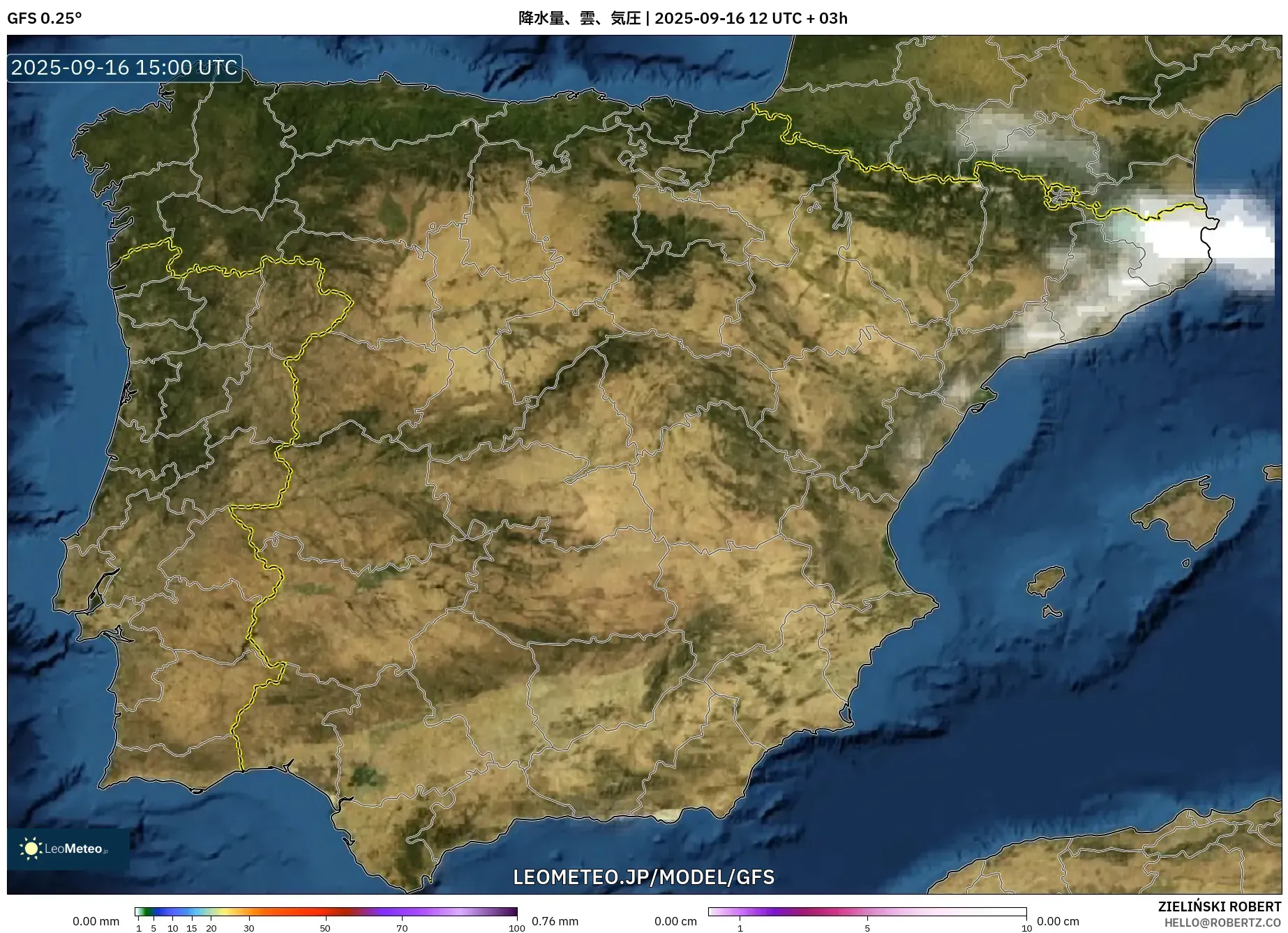 GFS model - スペイン, 降水量、雲、気圧
