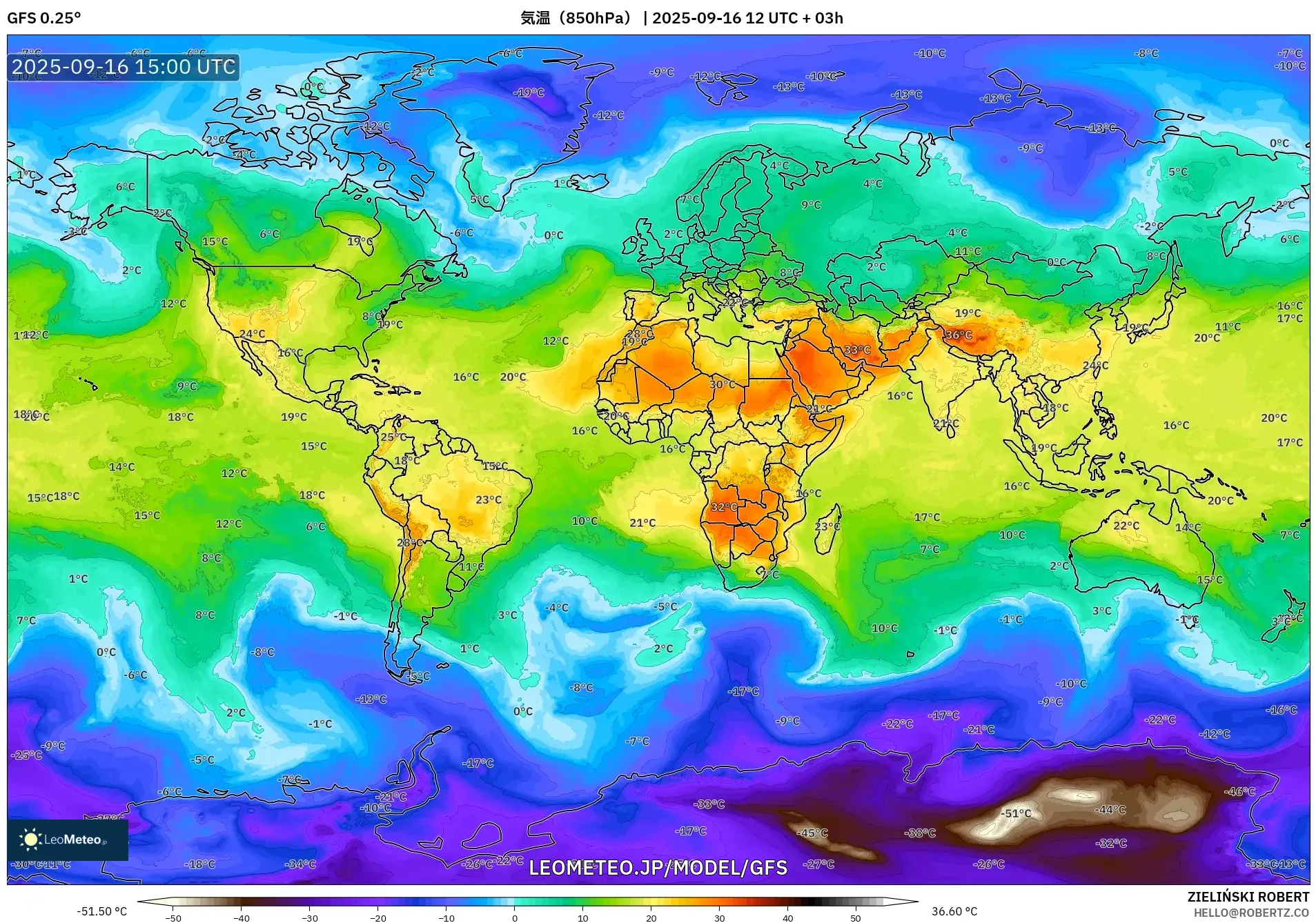 GFS model - 世界, 気温（850hPa）