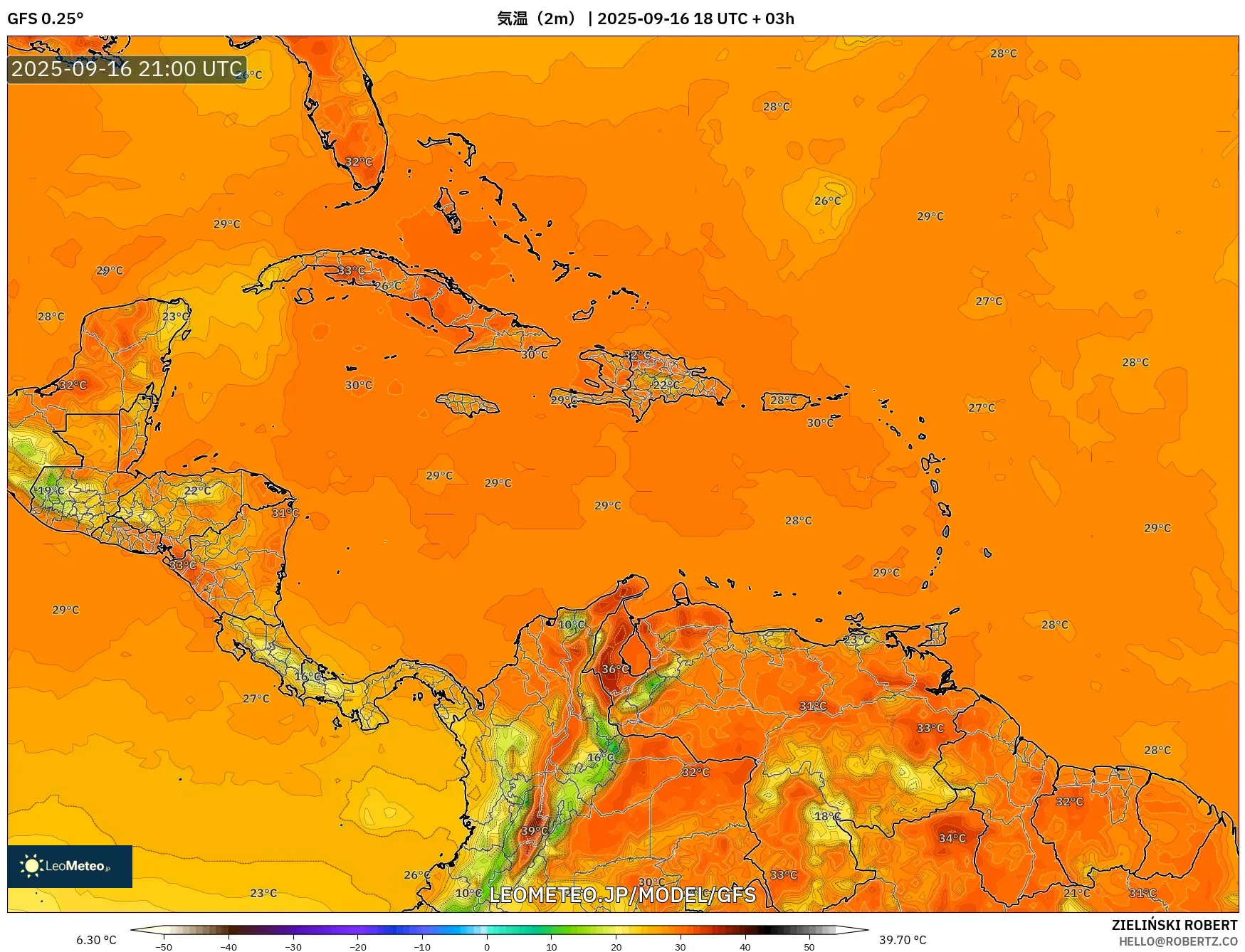 GFS model - カリブ海, 気温（2m）