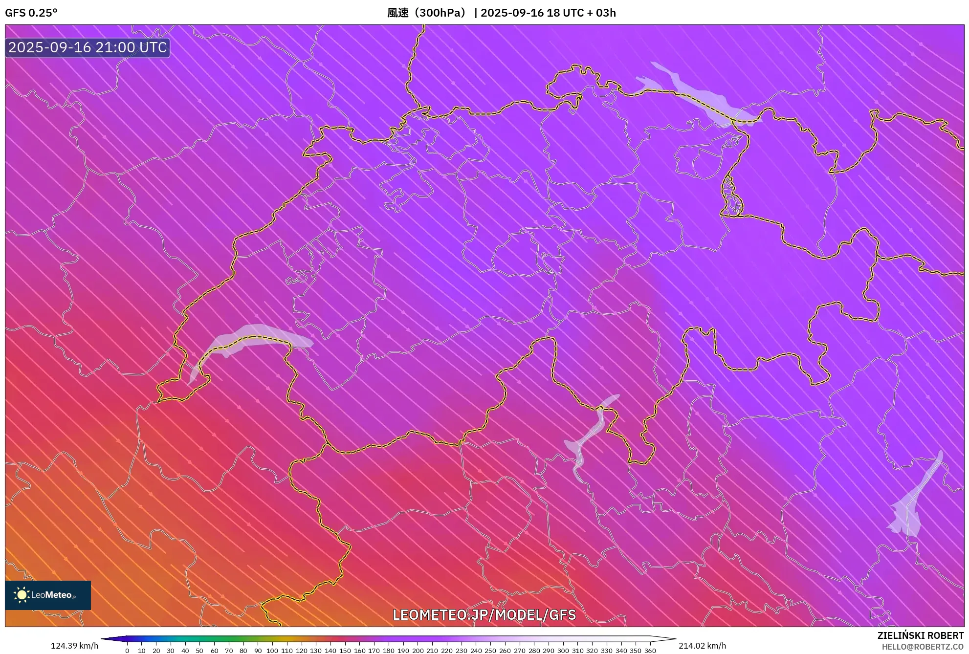 GFS model - スイス, 風速（300hPa）
