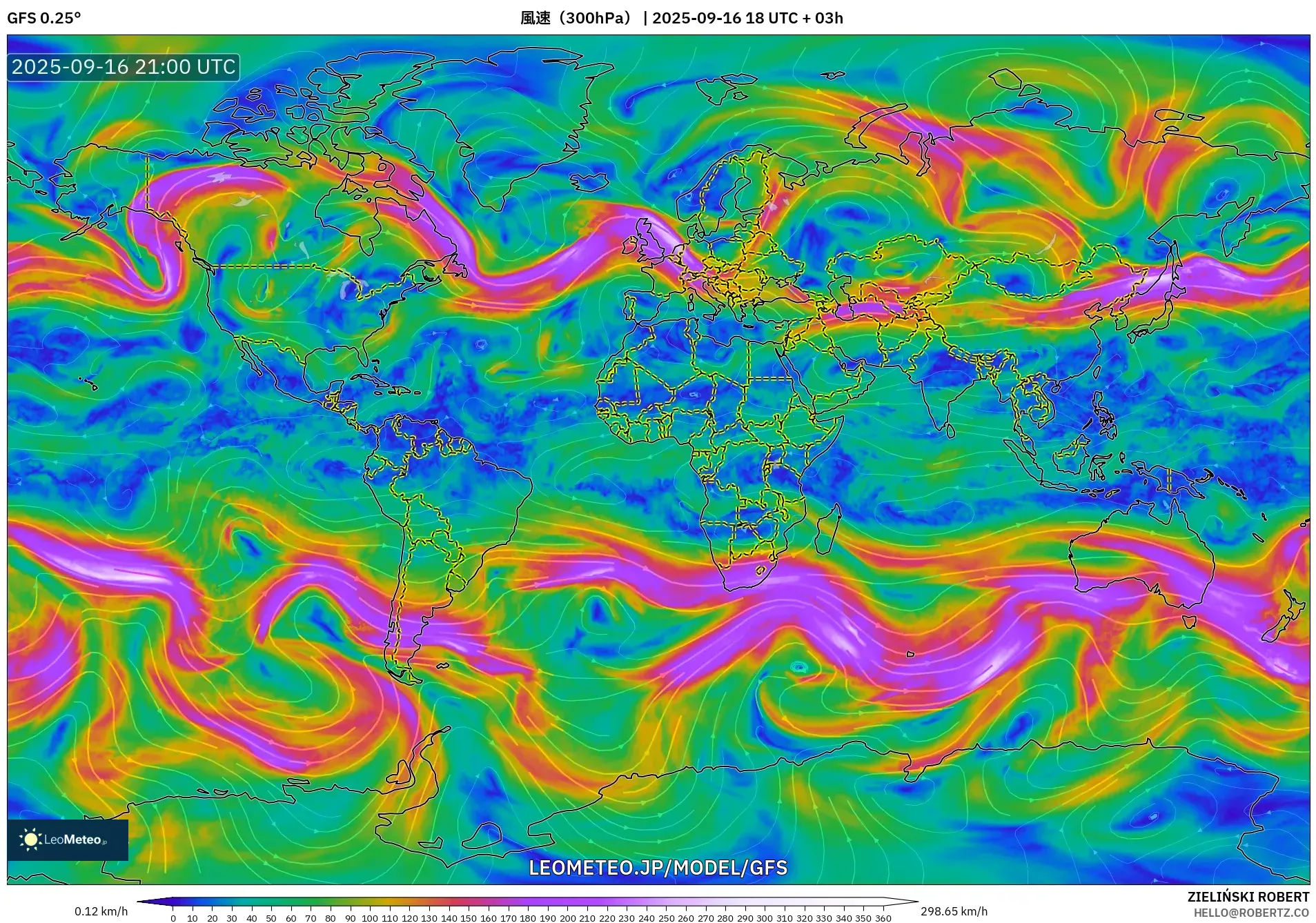 GFS model - 世界, 風速（300hPa）