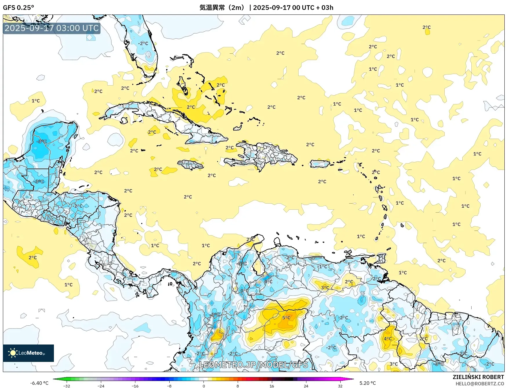 GFS model - カリブ海, 気温異常(2m) GFS model - カリブ海, 気温異常(2m)
