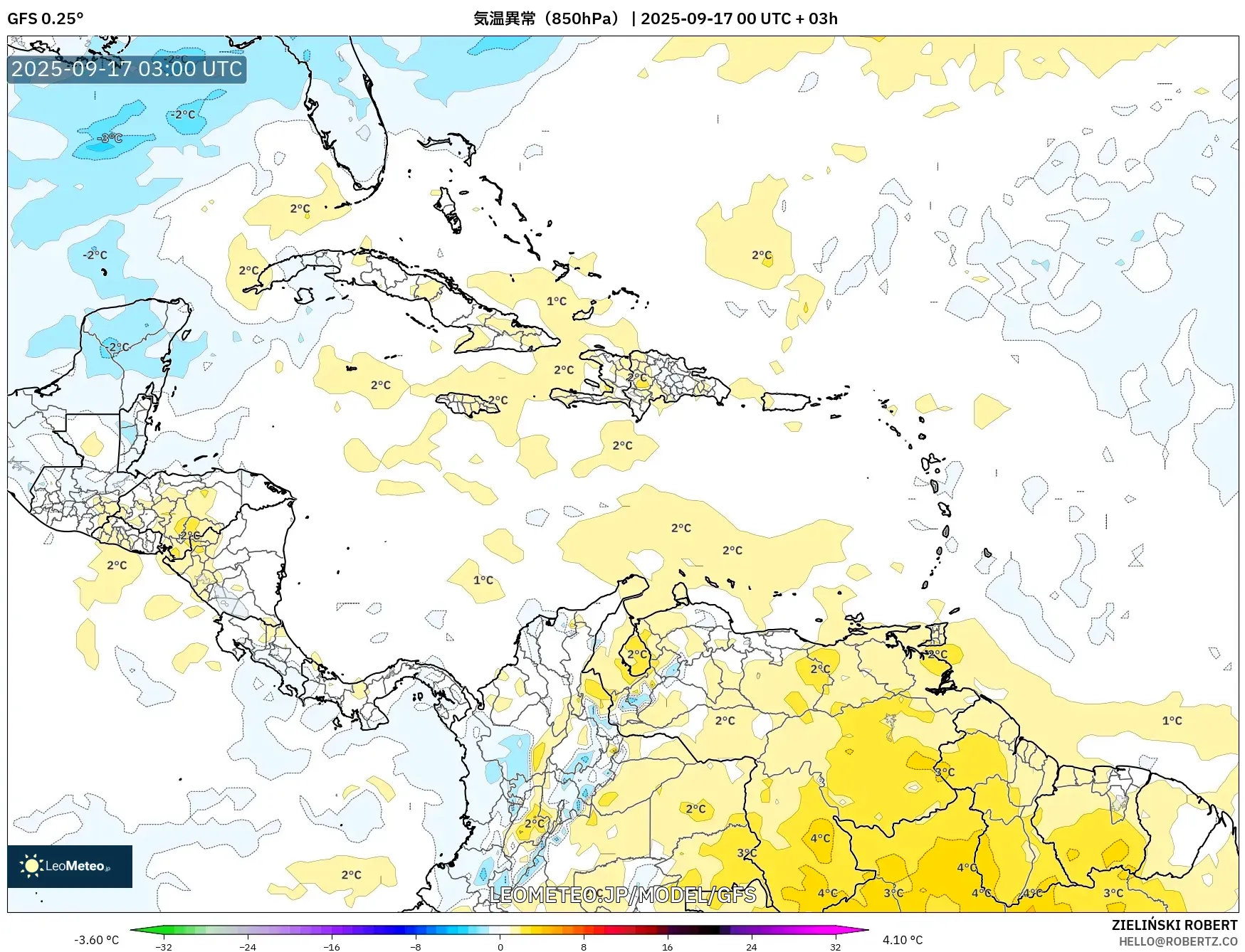 GFS model - カリブ海, 気温異常（850hPa）