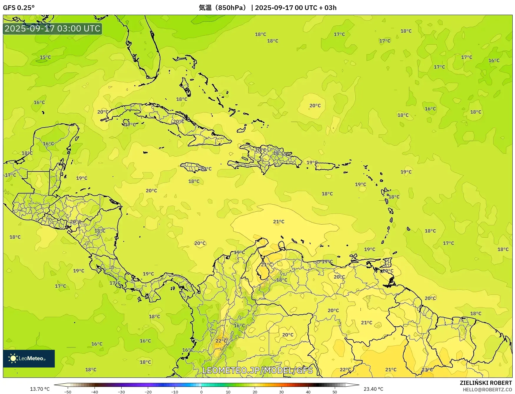 GFS model - カリブ海, 気温（850hPa）