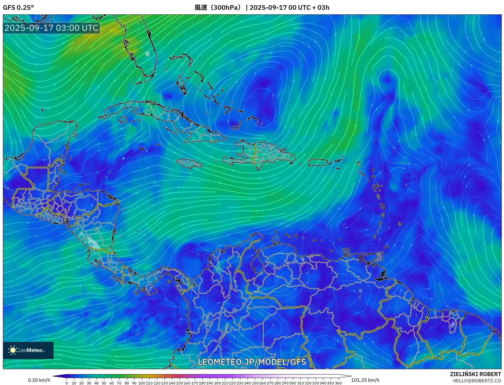 GFS model - カリブ海, 風速（300hPa）