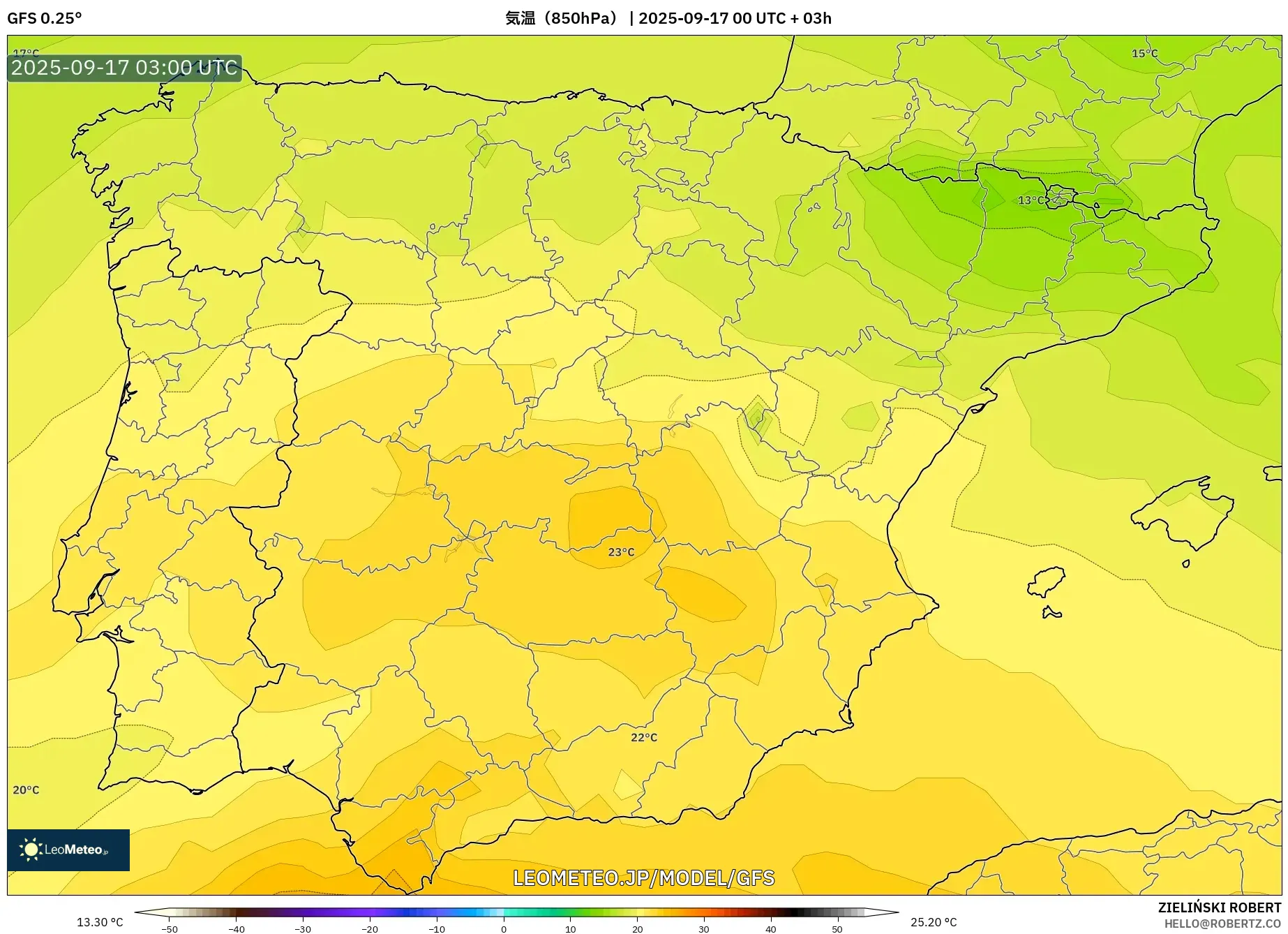GFS model - スペイン, 気温（850hPa）