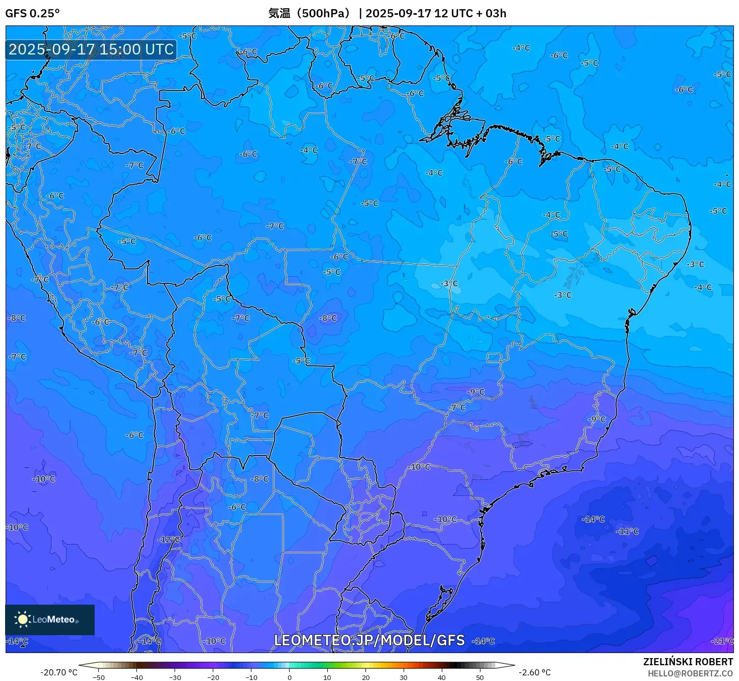 GFS model - ブラジル, 気温（500hPa）