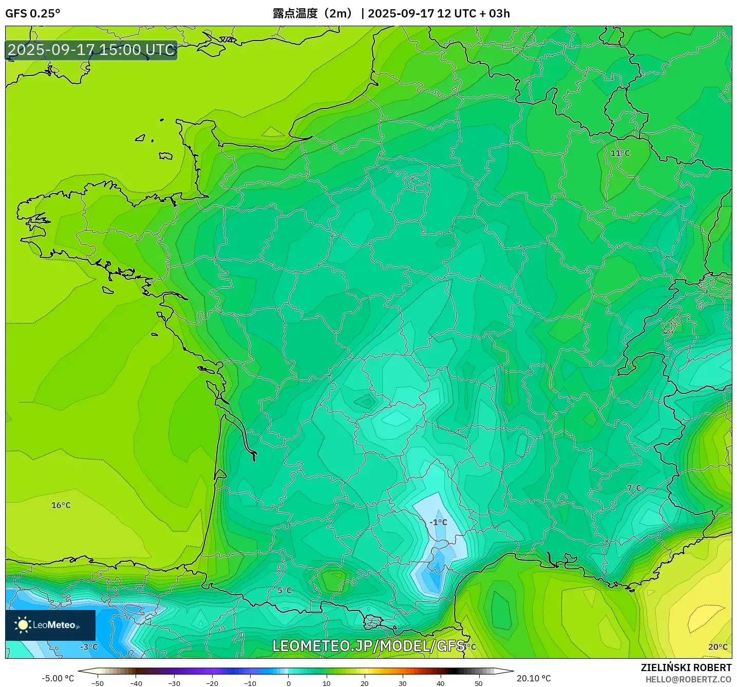 GFS model - フランス, 露点温度（2m）