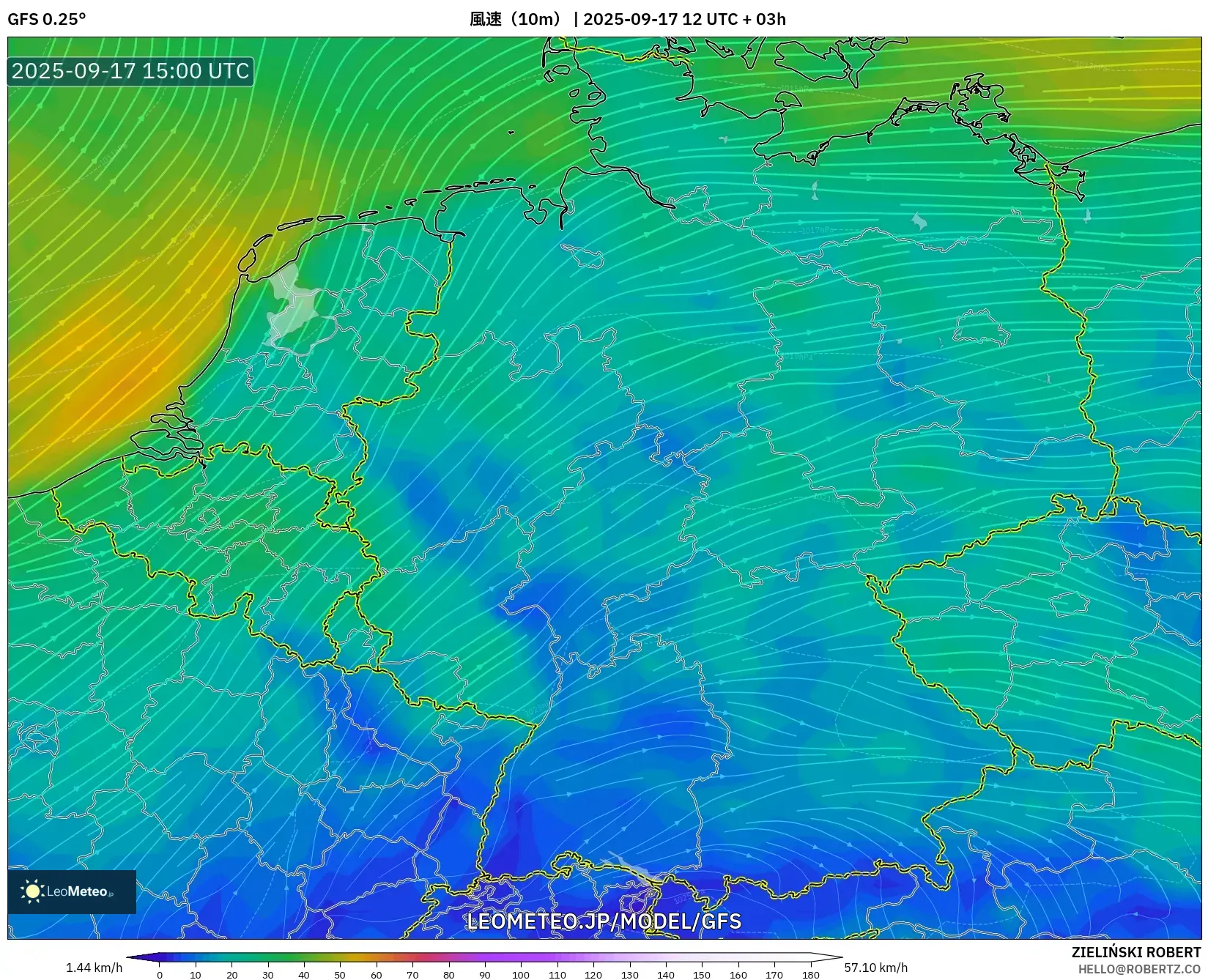 GFS model - ドイツ, 風速（10m）