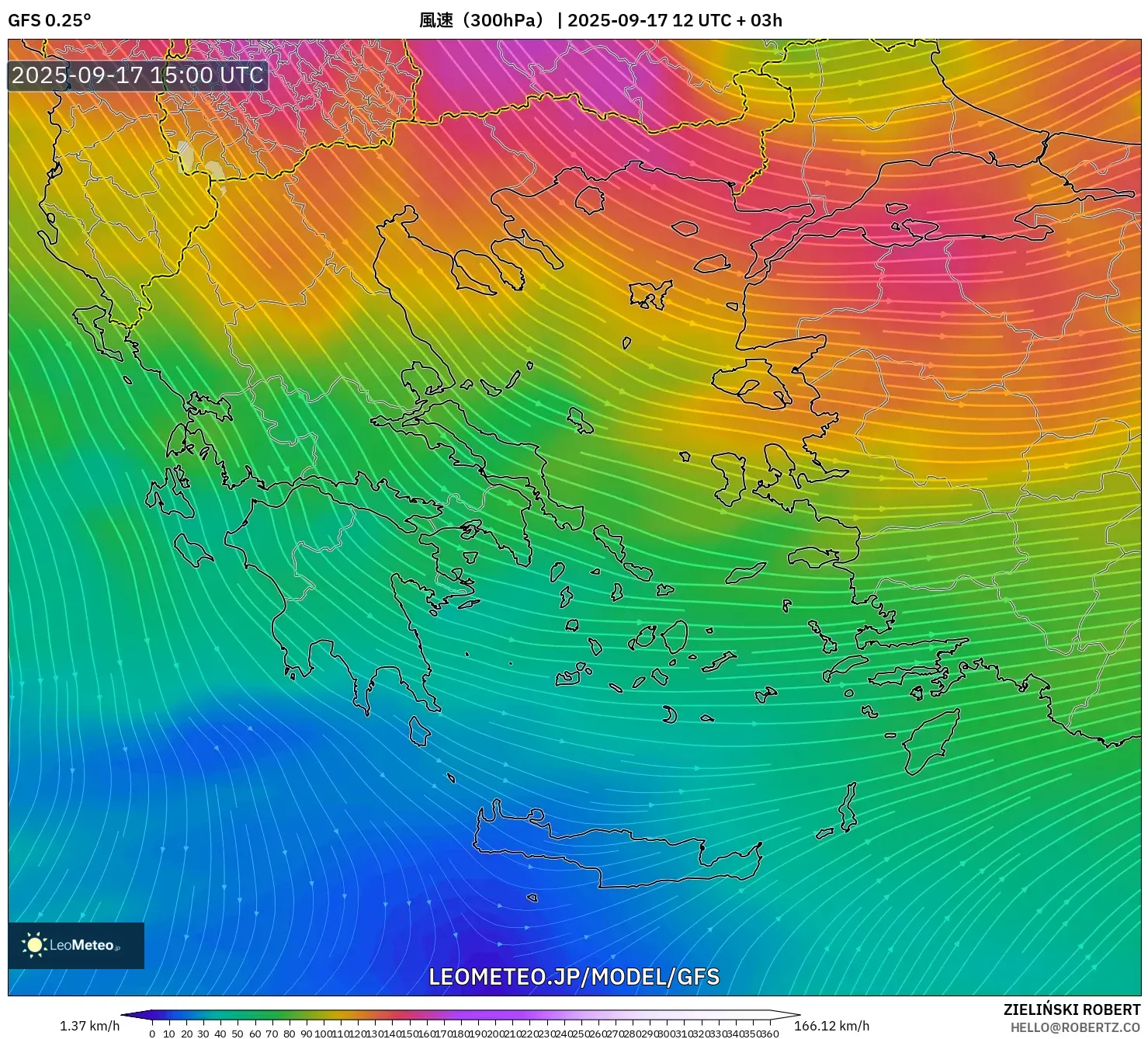 GFS model - ギリシャ, 風速（300hPa）