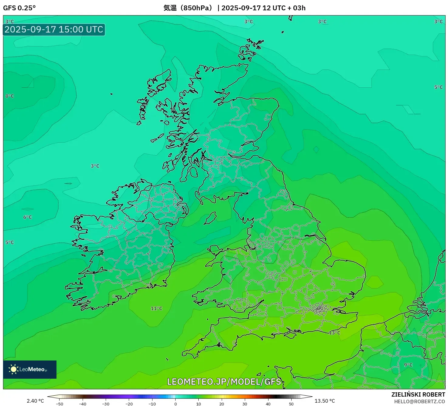 GFS model - イギリス, 気温（850hPa）