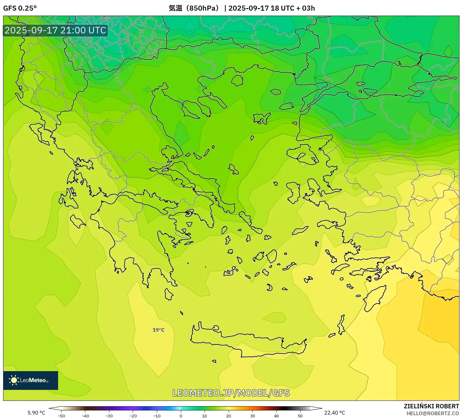 GFS model - ギリシャ, 気温（850hPa）