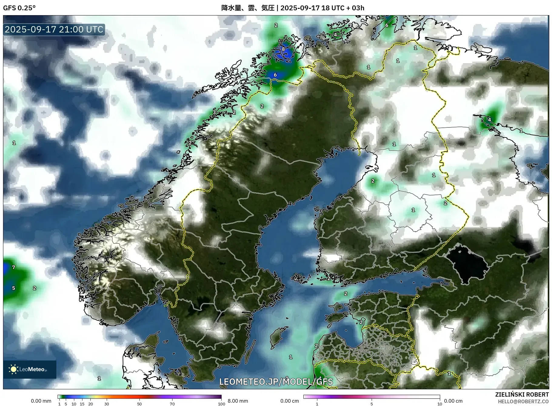 GFS model - スカンジナビア, 降水量、雲、気圧