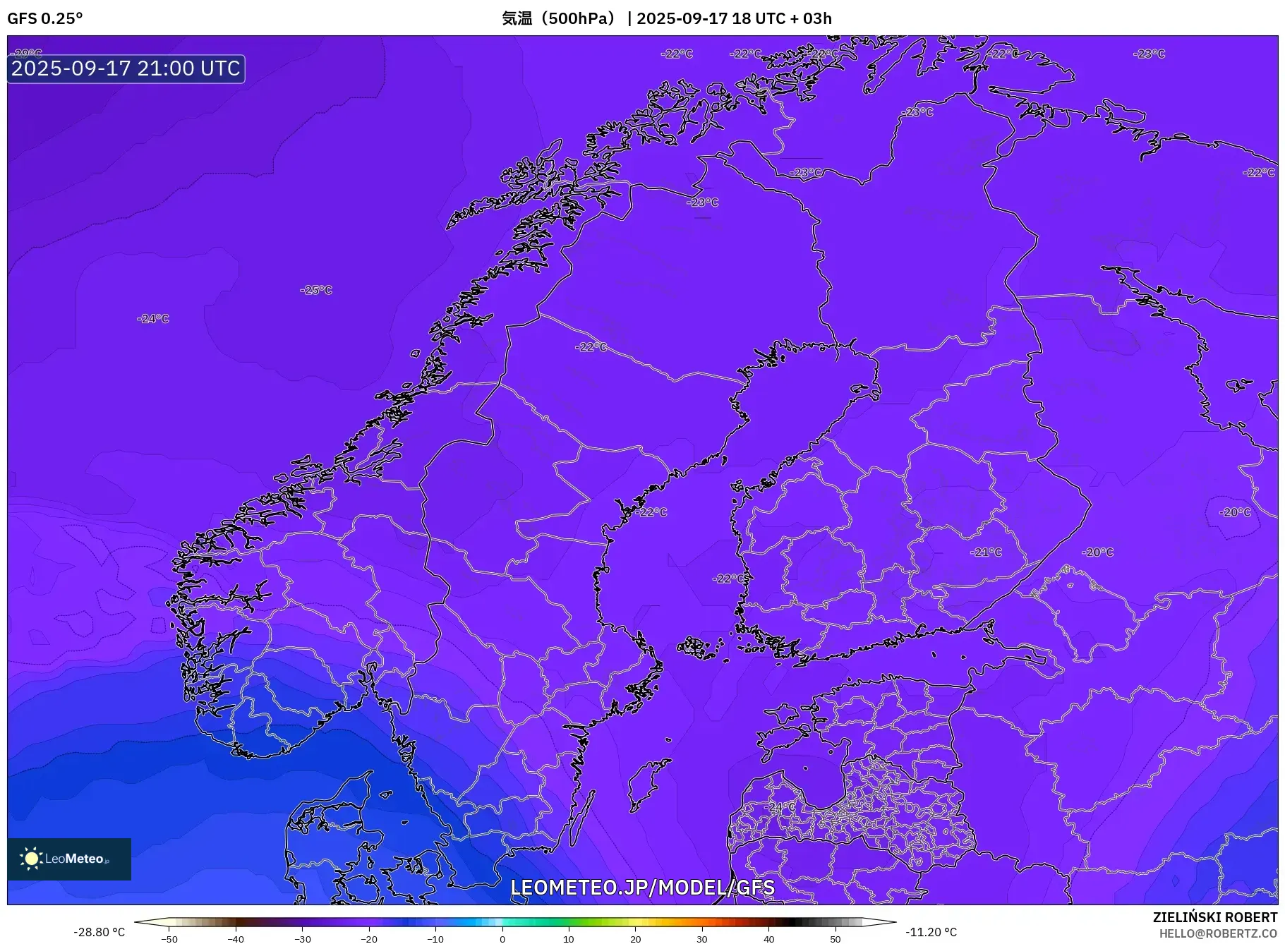 GFS model - スカンジナビア, 気温（500hPa）