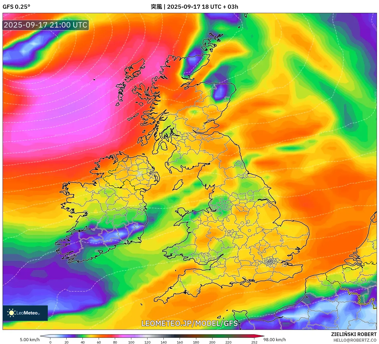 GFS model - イギリス, 突風