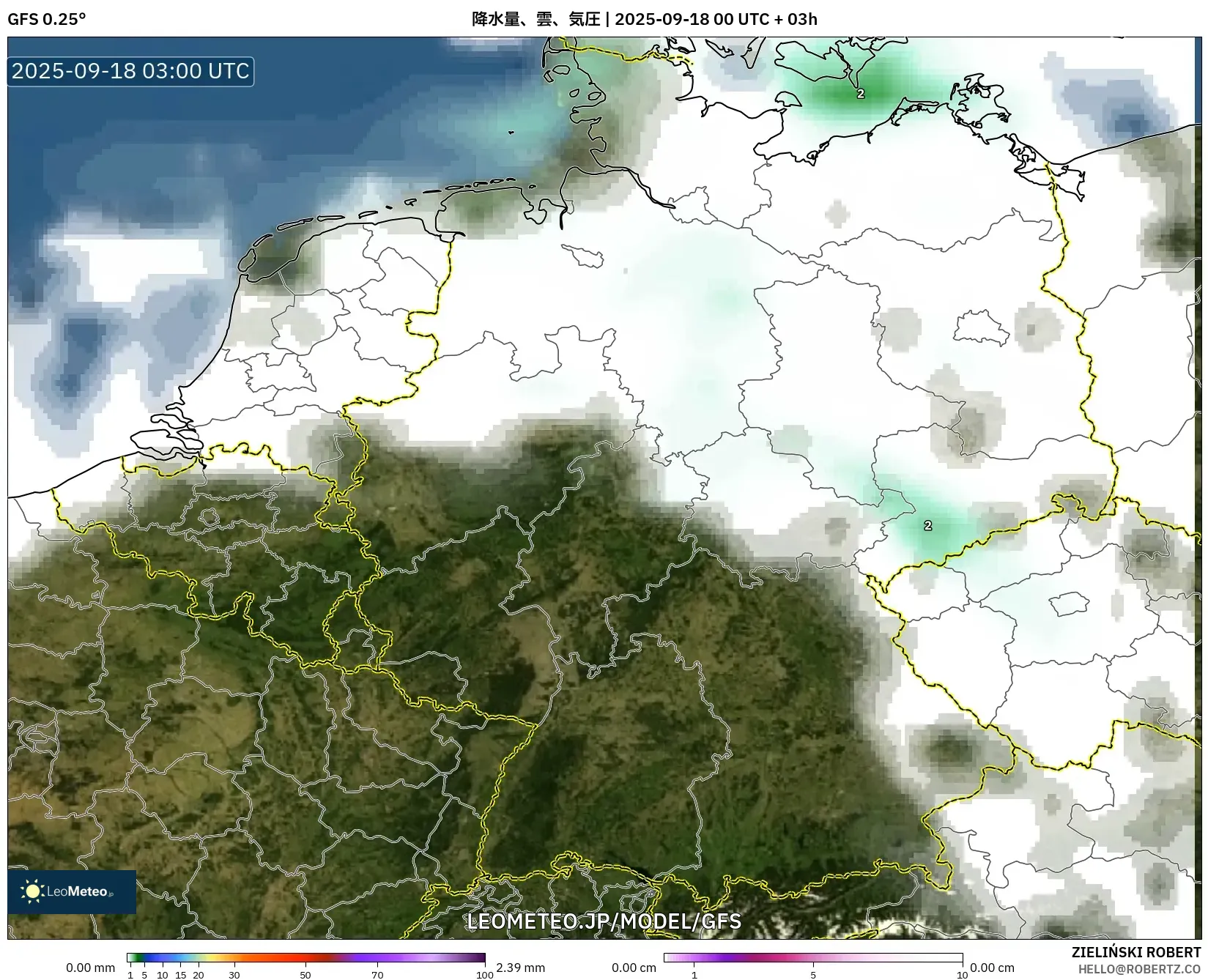 GFS model - ドイツ, 降水量、雲、気圧