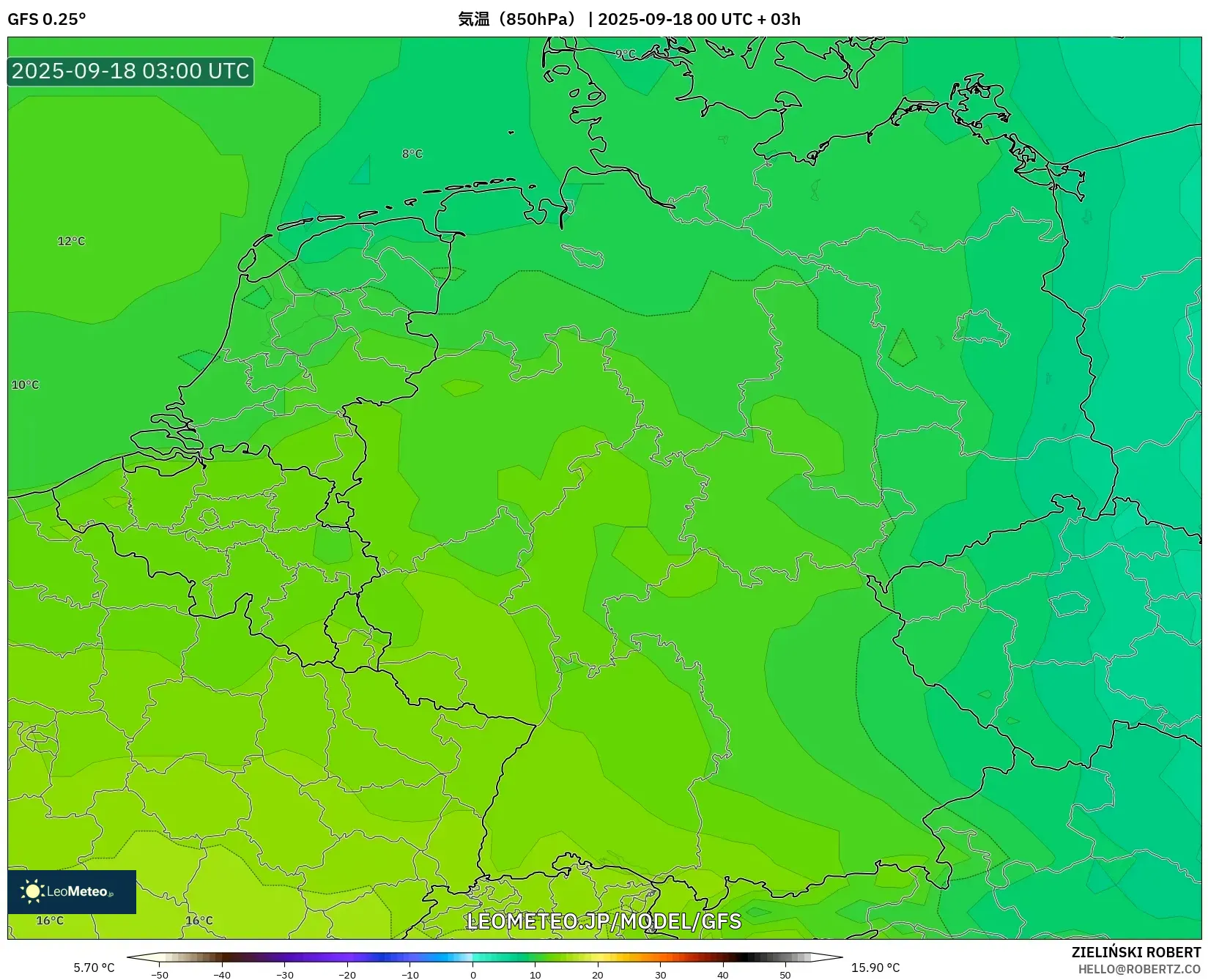 GFS model - ドイツ, 気温（850hPa）