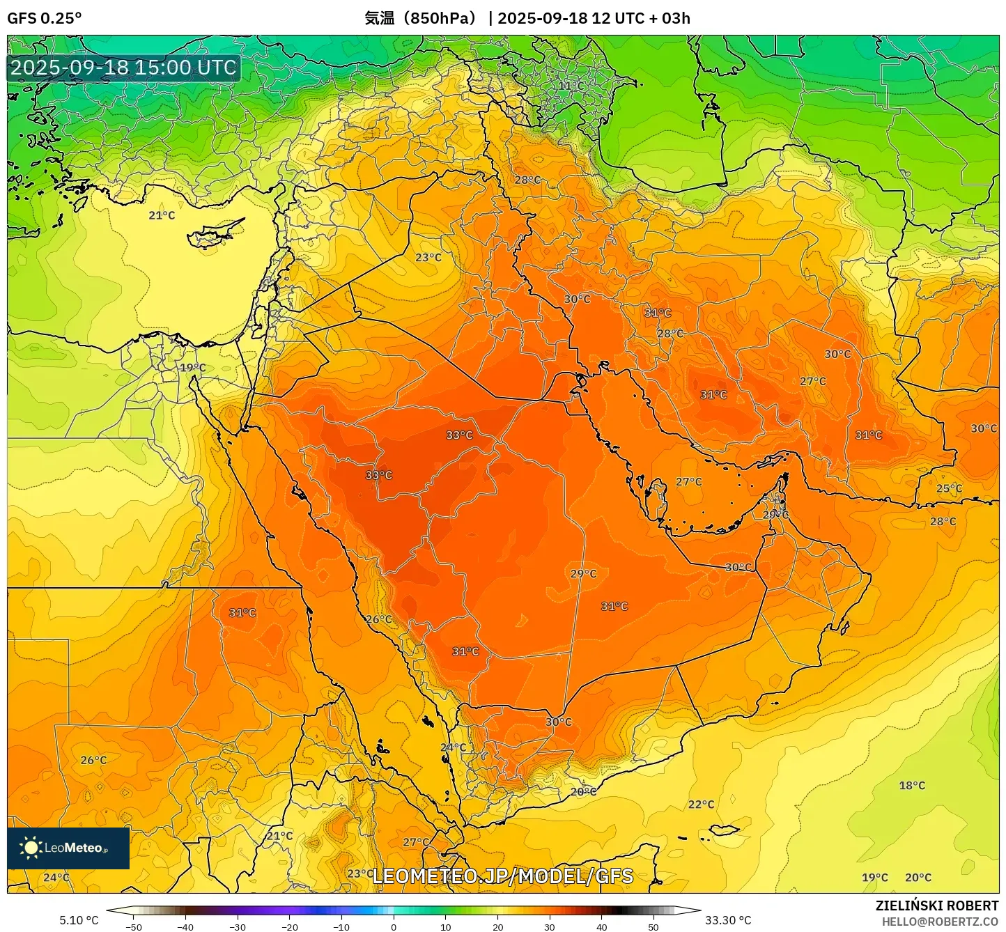 GFS model - 中東, 気温(850hPa) GFS model - 中東, 気温(850hPa)