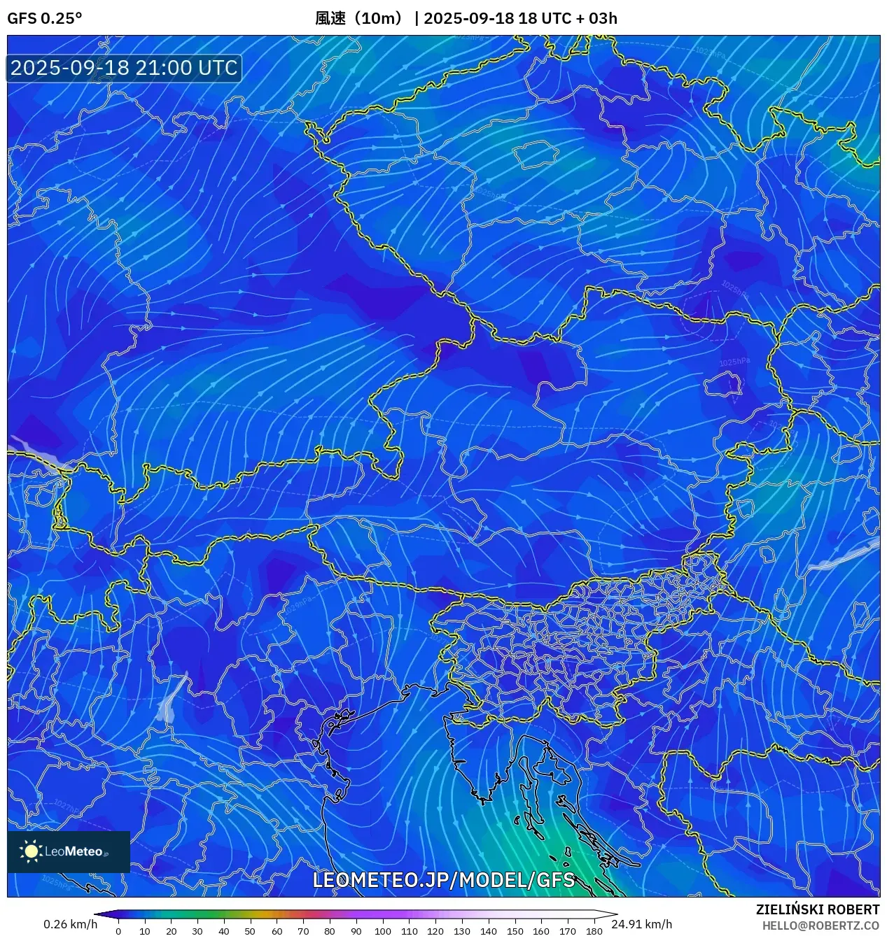 GFS model - オーストリア, 風速（10m）
