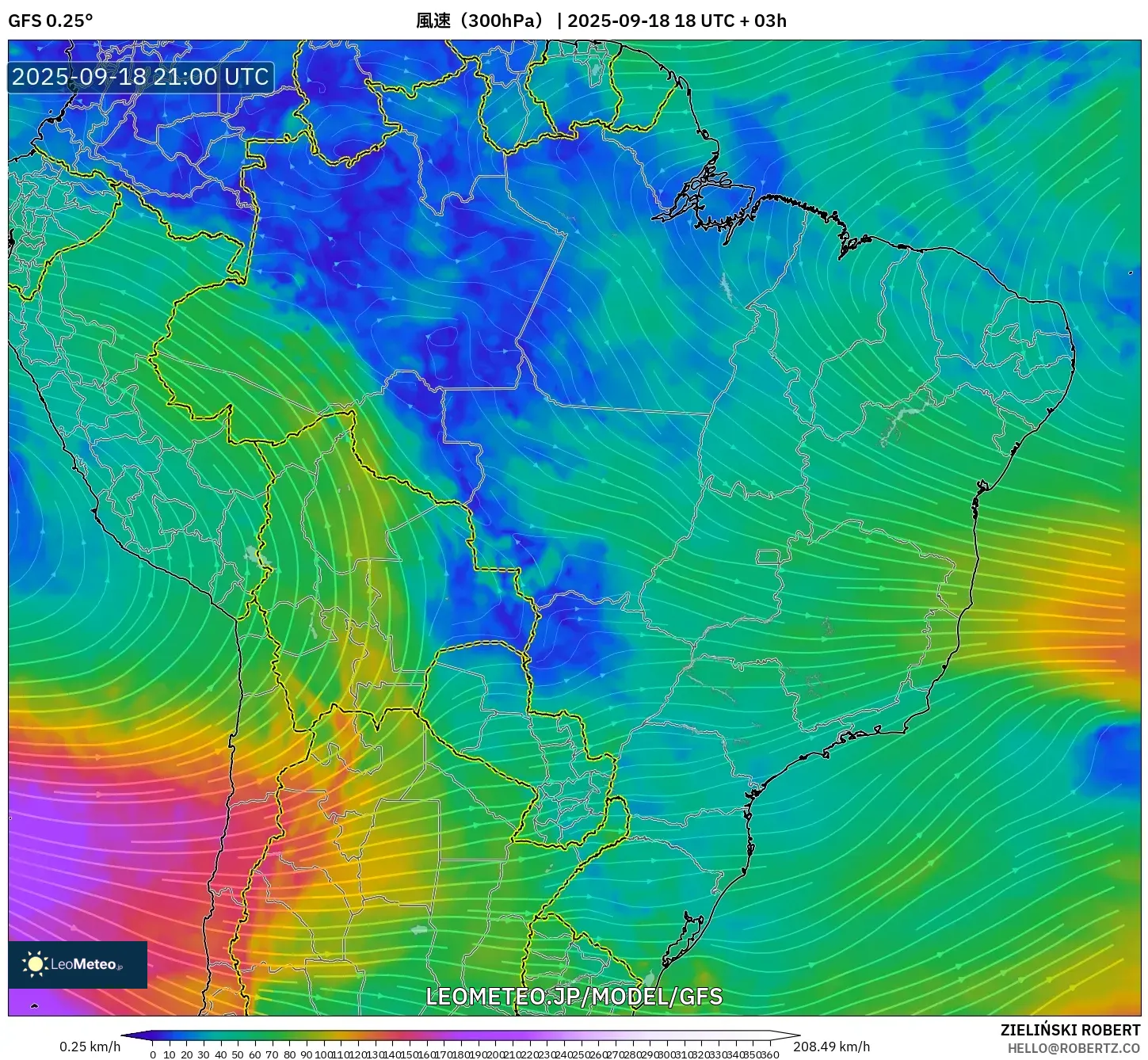 GFS model - ブラジル, 風速（300hPa）