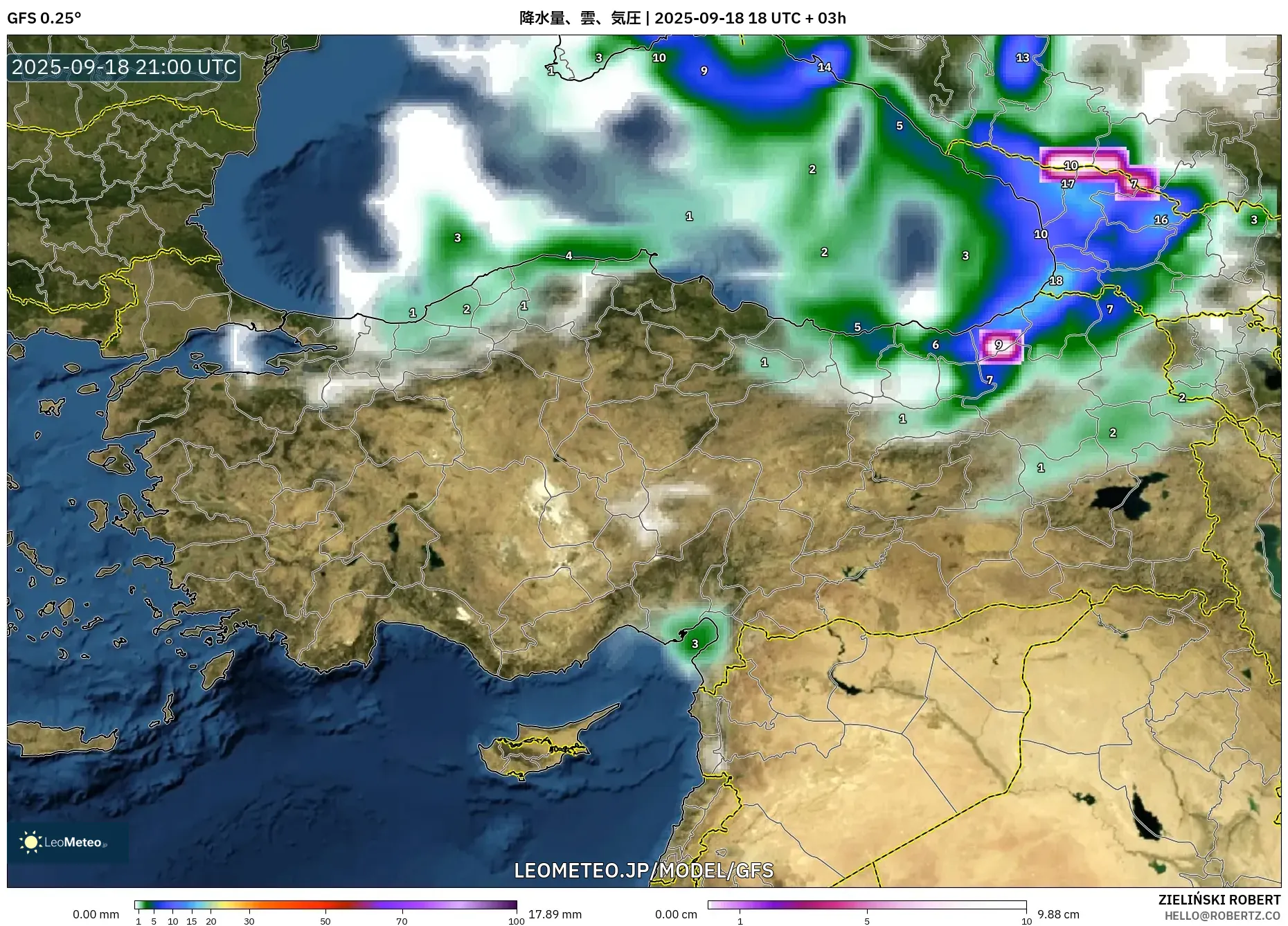 GFS model - トルコ, 降水量、雲、気圧