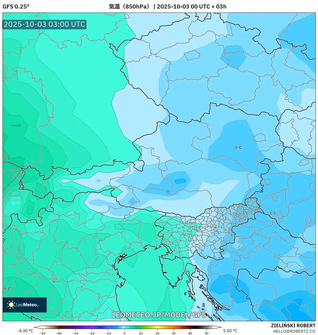 GFS model - オーストリア, 気温（850hPa）