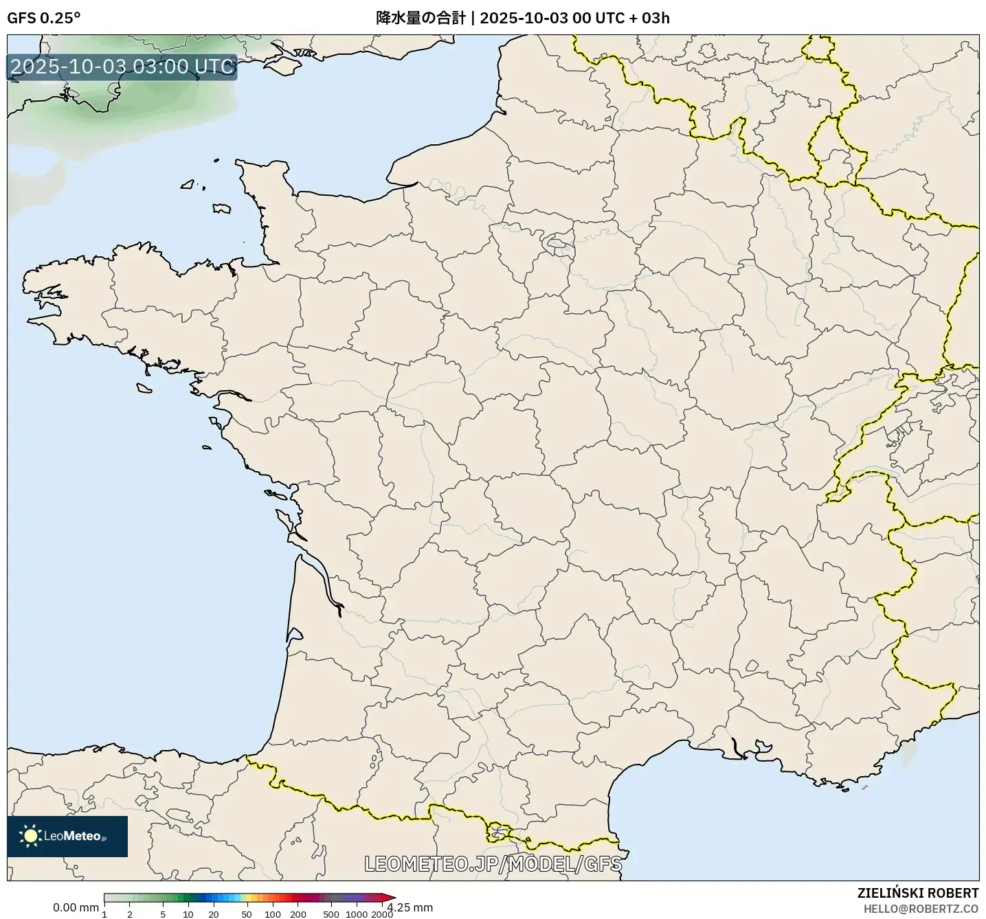 GFS model - フランス, 降水量の合計