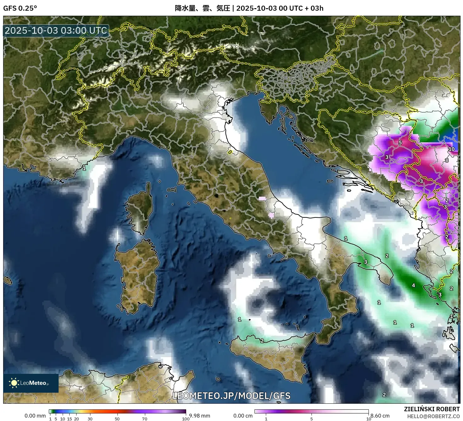 GFS model - イタリア, 降水量、雲、気圧