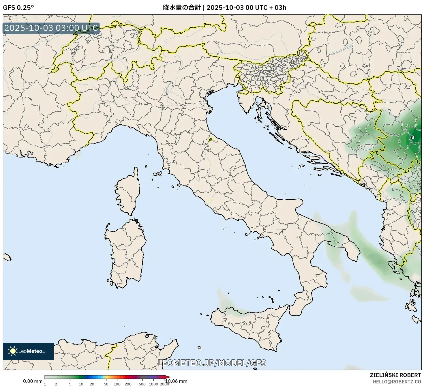 GFS model - イタリア, 降水量の合計