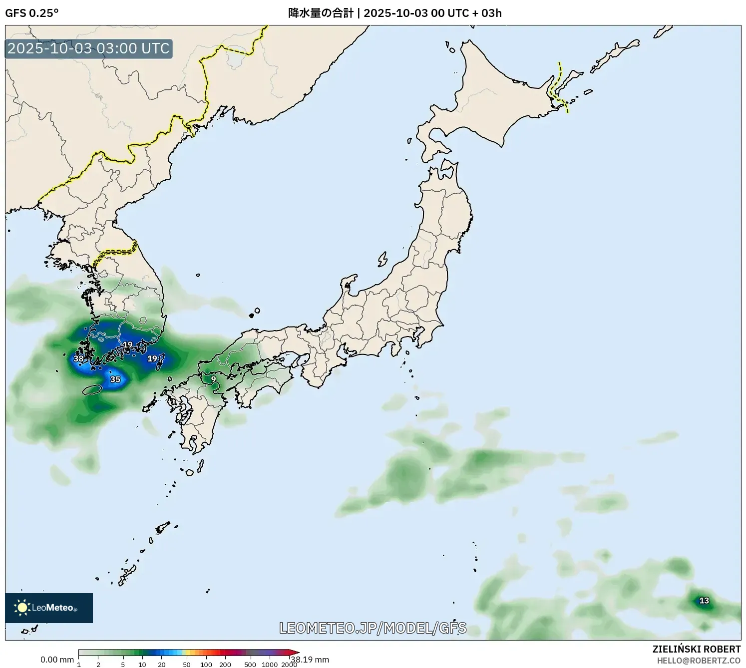 GFS model - 日本, 降水量の合計