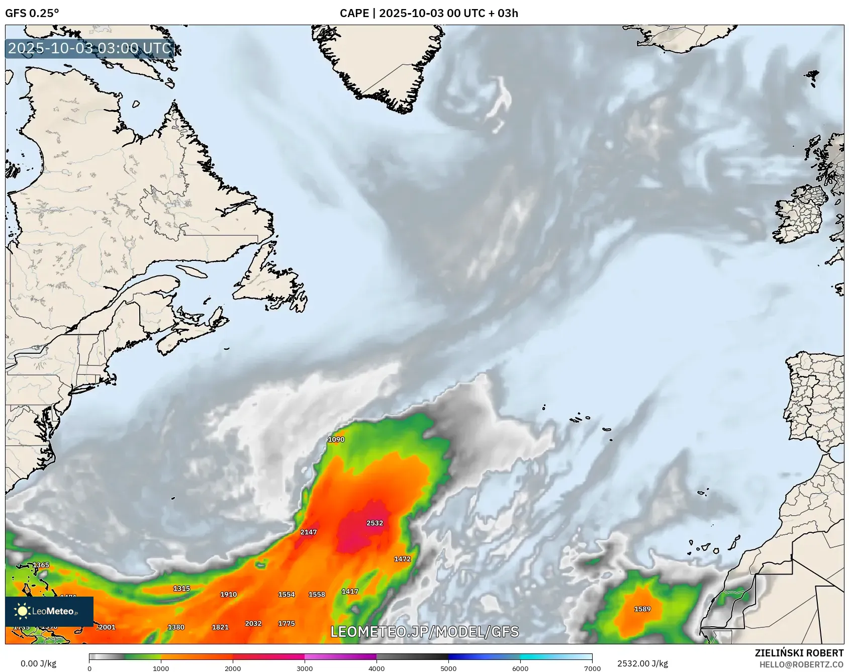 GFS model - 北大西洋, CAPE
