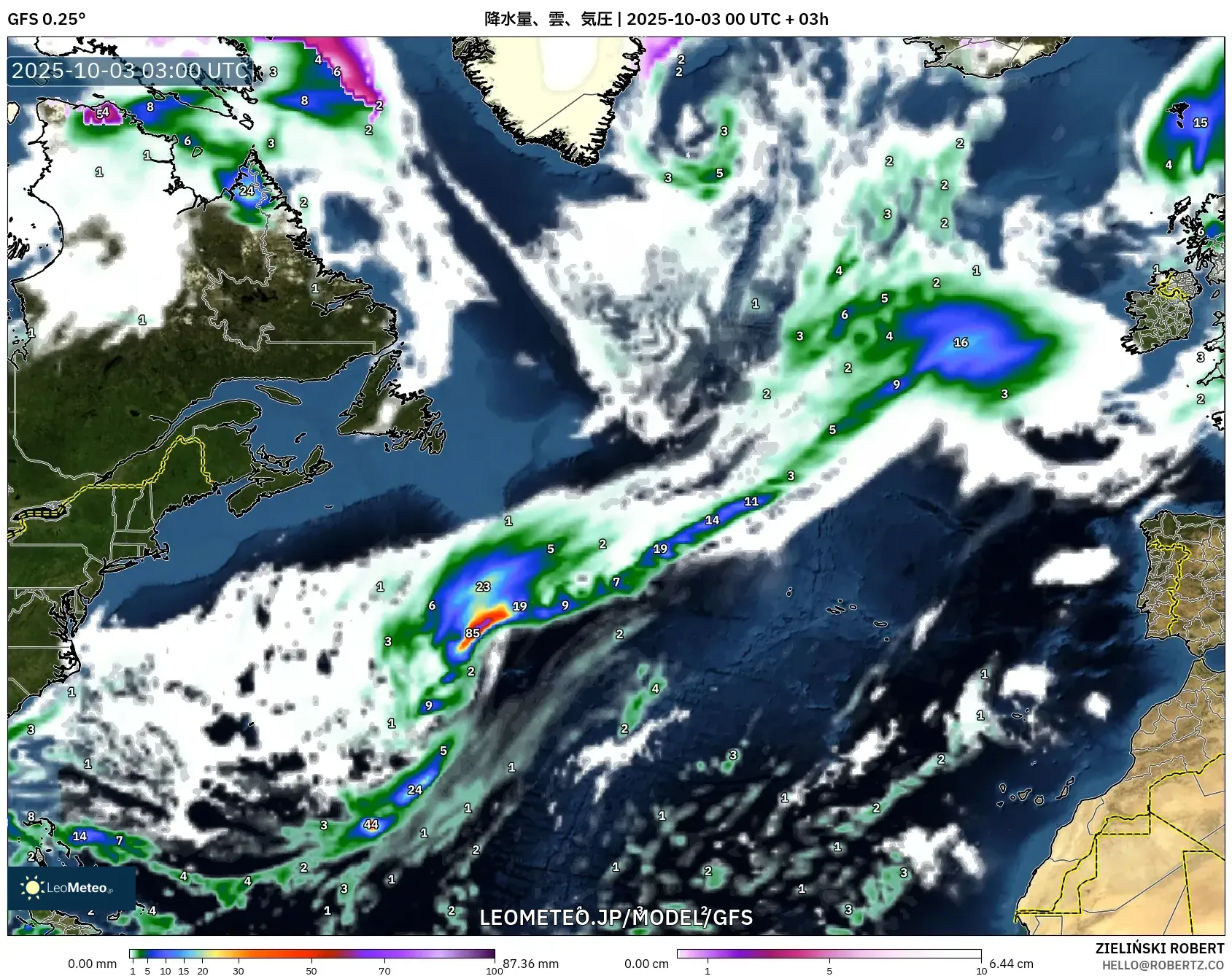 GFS model - 北大西洋, 降水量、雲、気圧