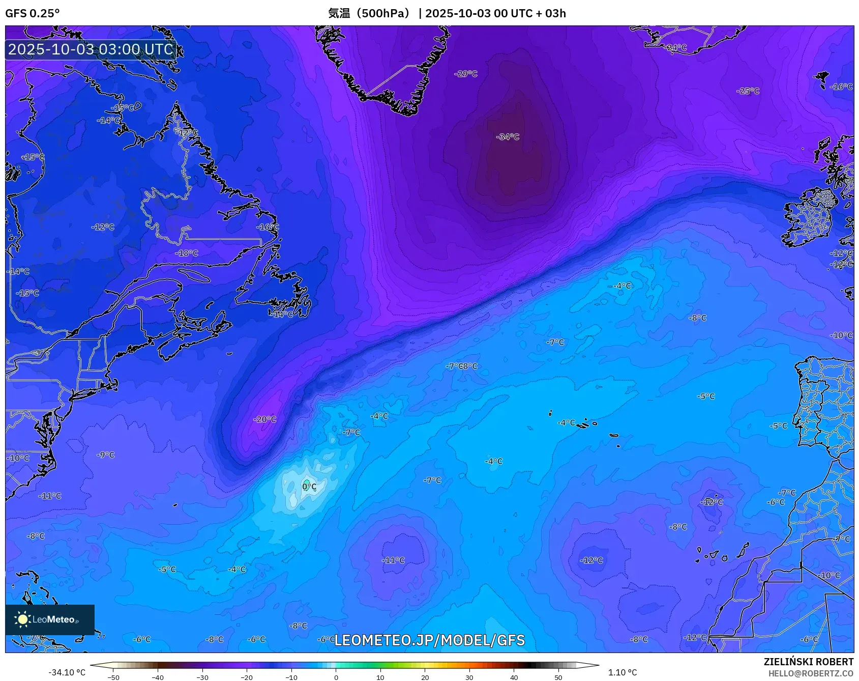 GFS model - 北大西洋, 気温(500hPa) GFS model - 北大西洋, 気温(500hPa)