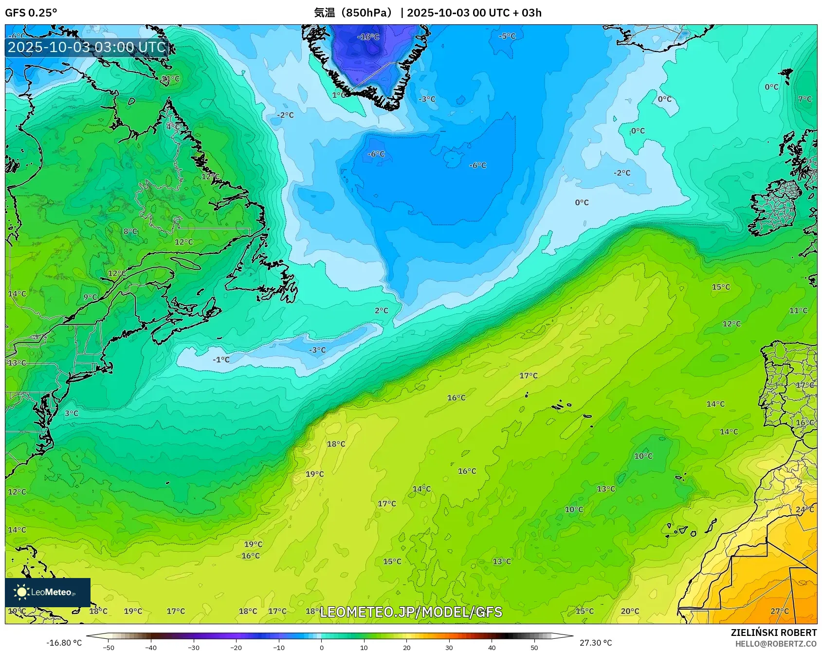 GFS model - 北大西洋, 気温（850hPa）