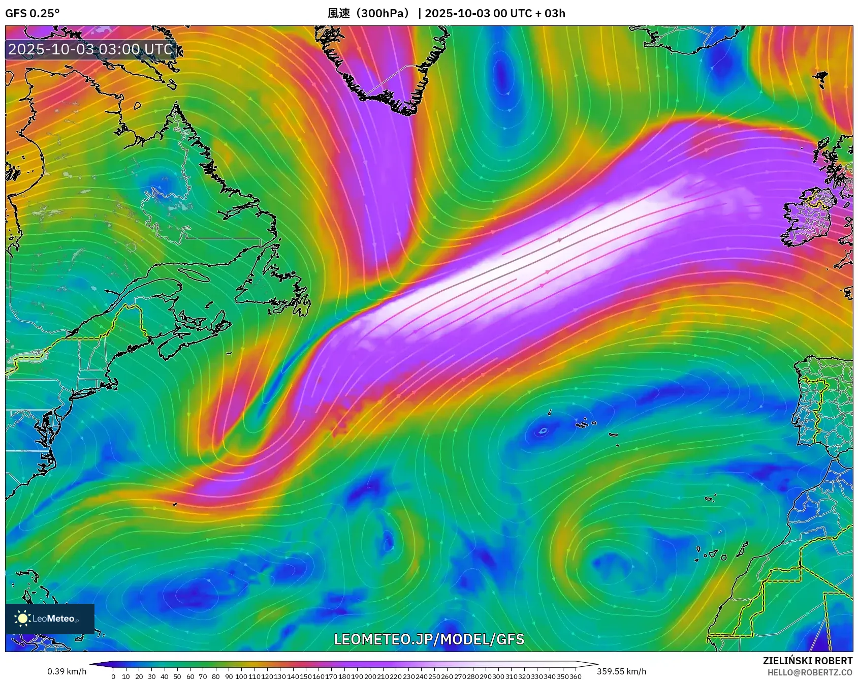 GFS model - 北大西洋, 風速（300hPa）