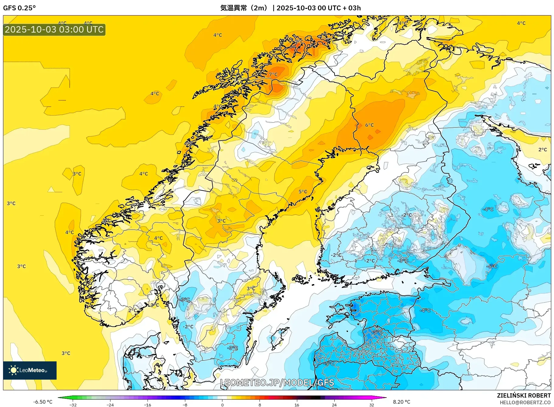 GFS model - スカンジナビア, 気温異常（2m）