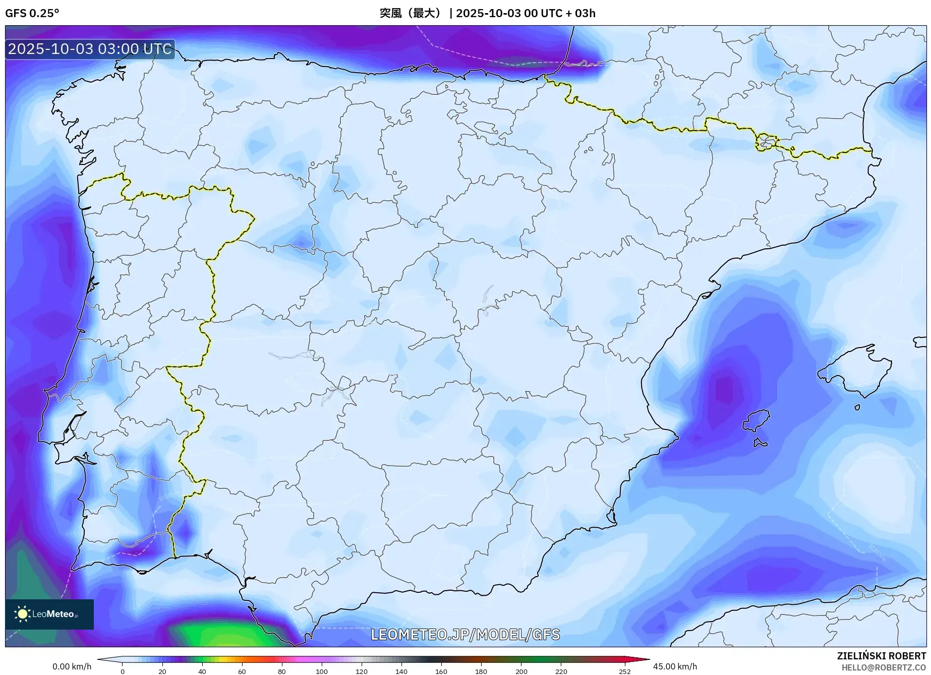 GFS model - スペイン, 突風（最大）