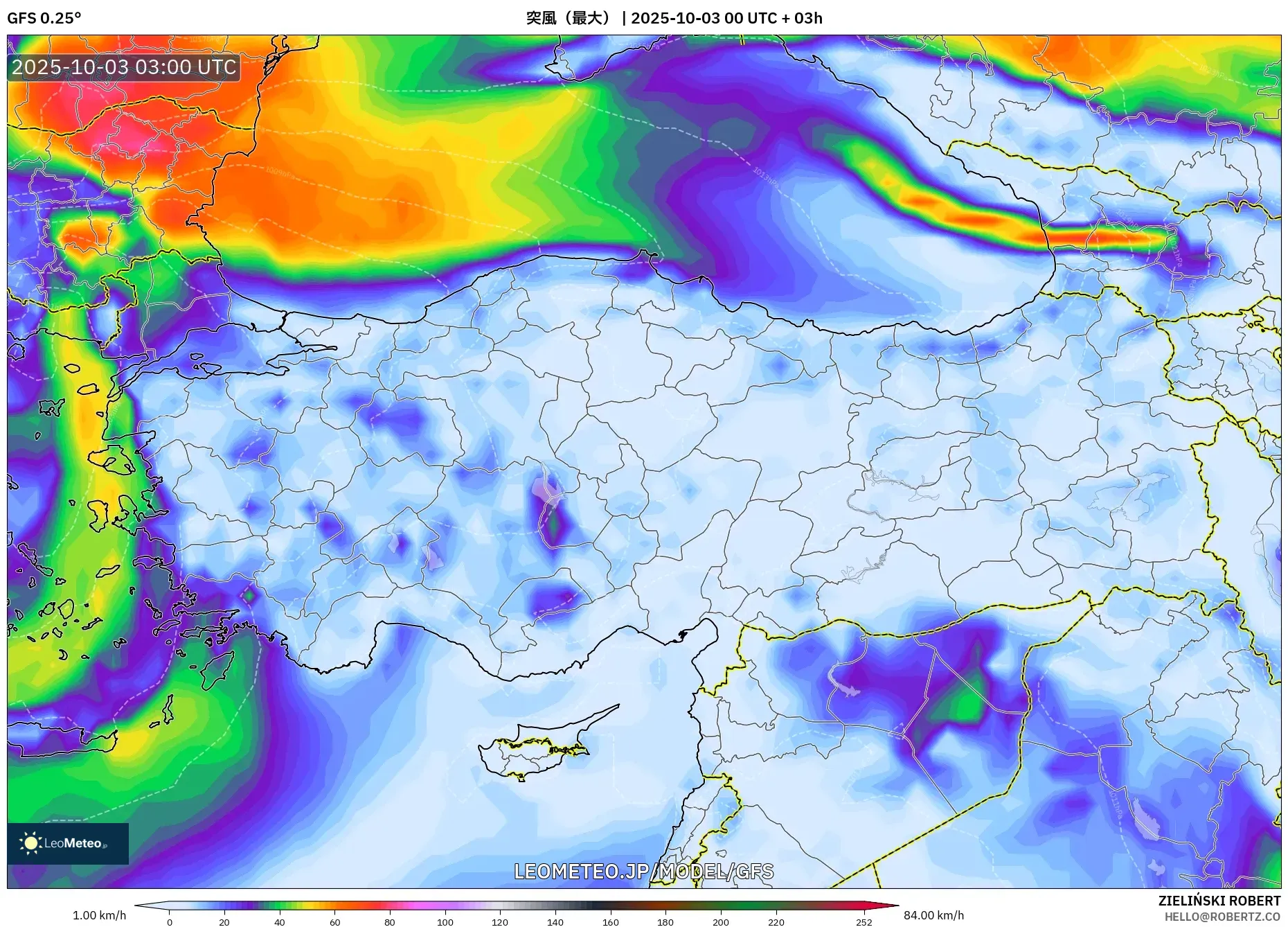 GFS model - トルコ, 突風（最大）