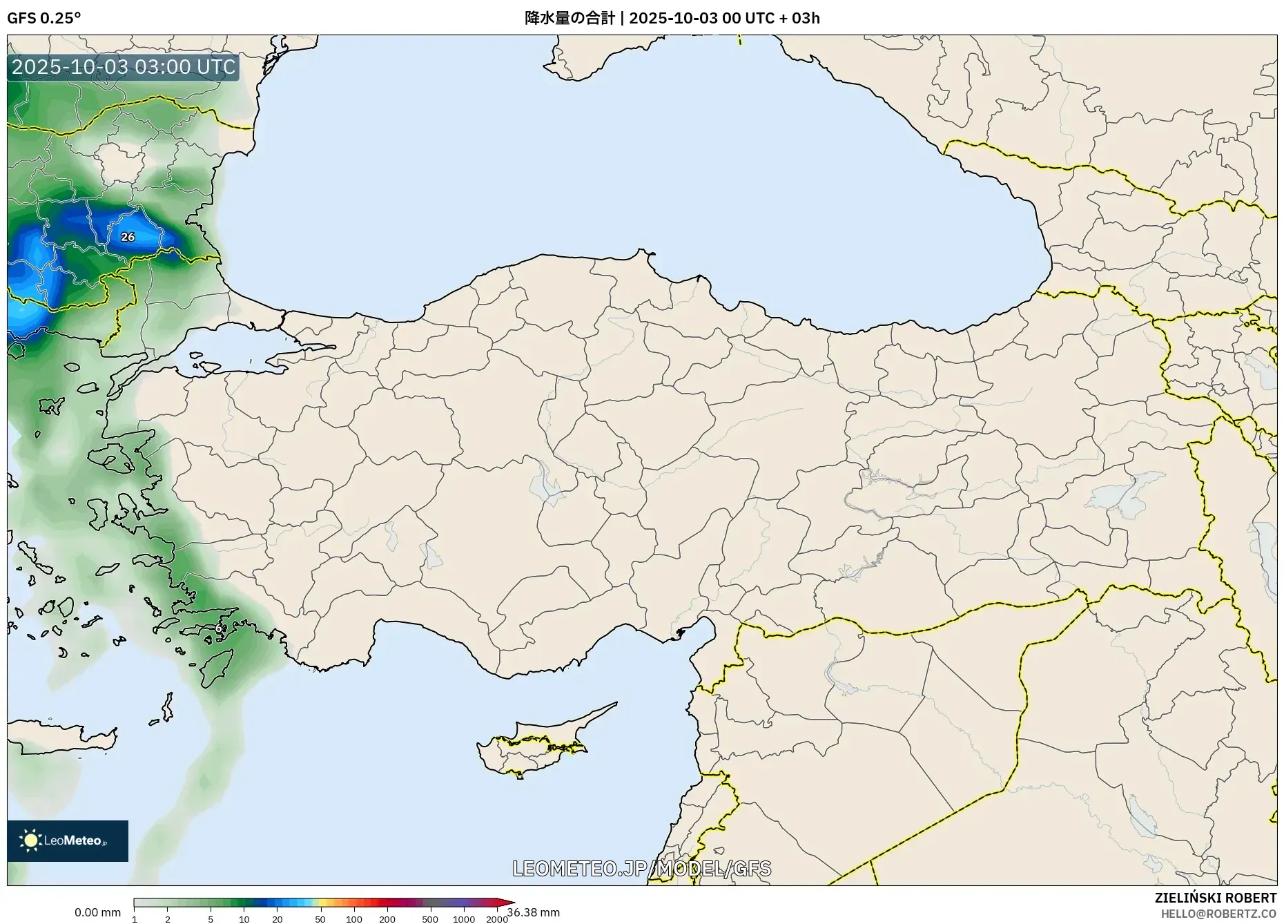GFS model - トルコ, 降水量の合計