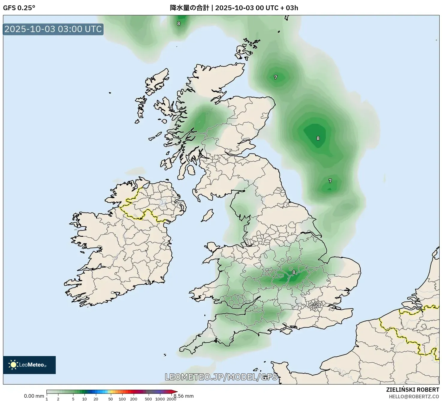 GFS model - イギリス, 降水量の合計
