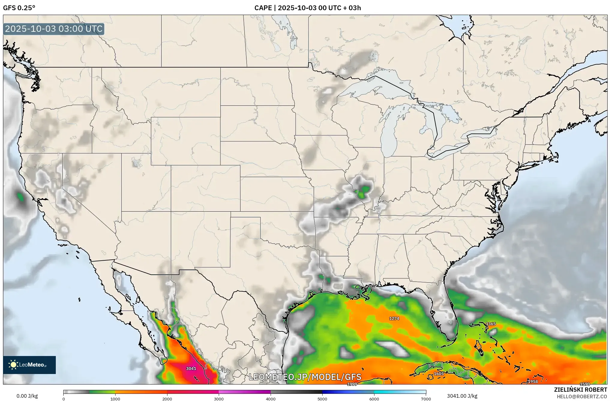 GFS model - アメリカ合衆国, CAPE