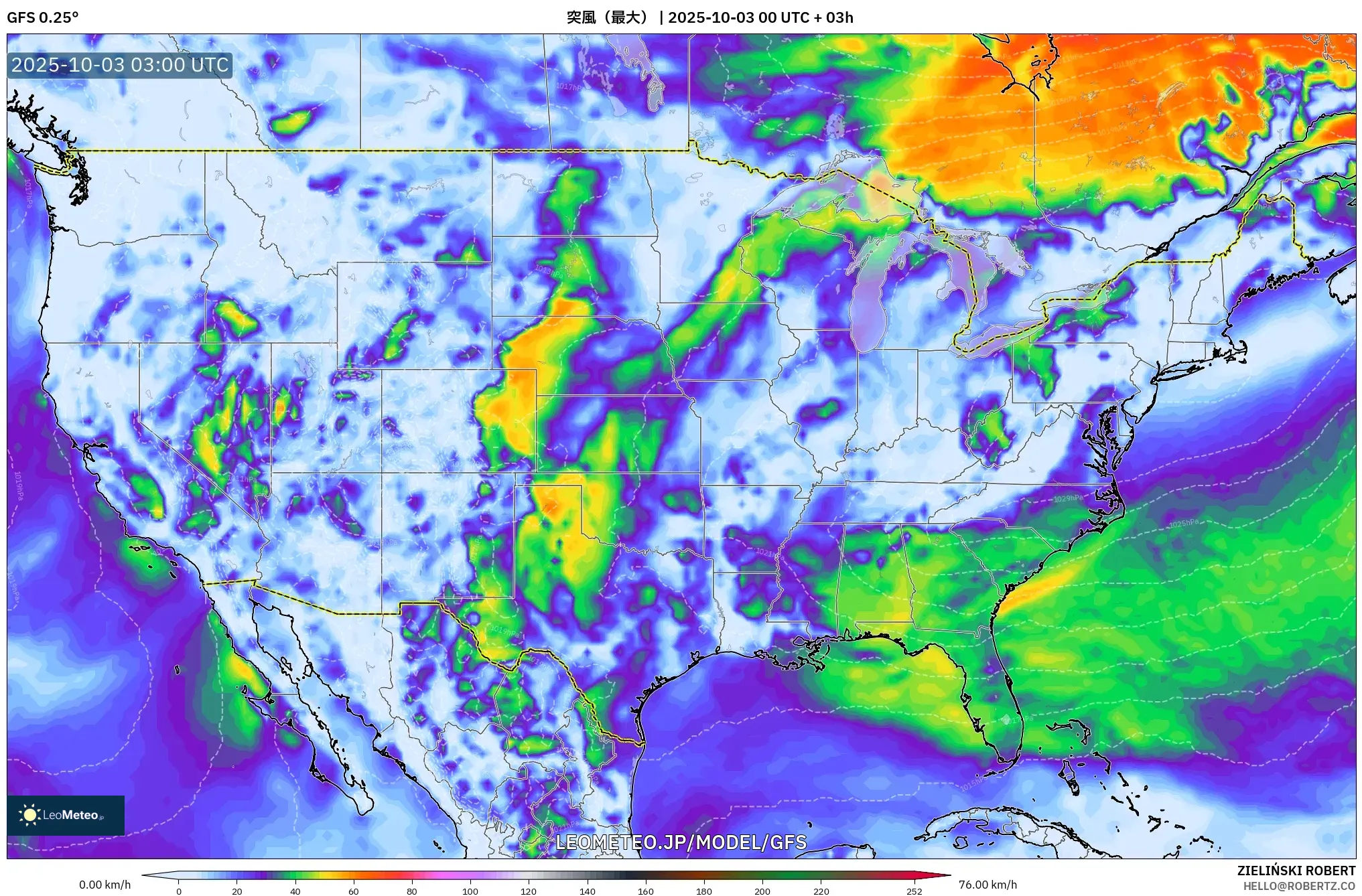 GFS model - アメリカ合衆国, 突風（最大）
